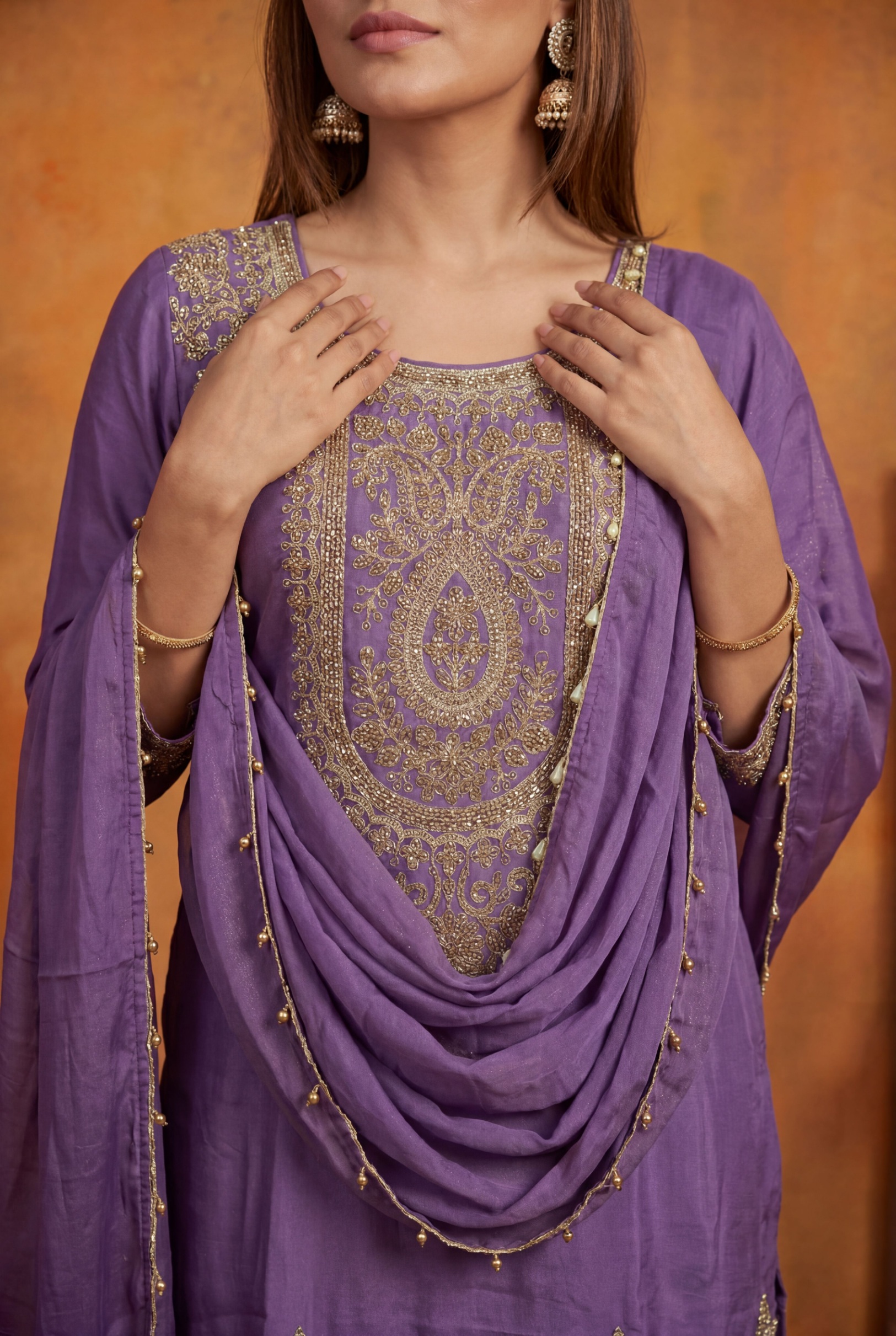 Lavender Designer Embroidery Shimmer Tissue Palazzo Suit