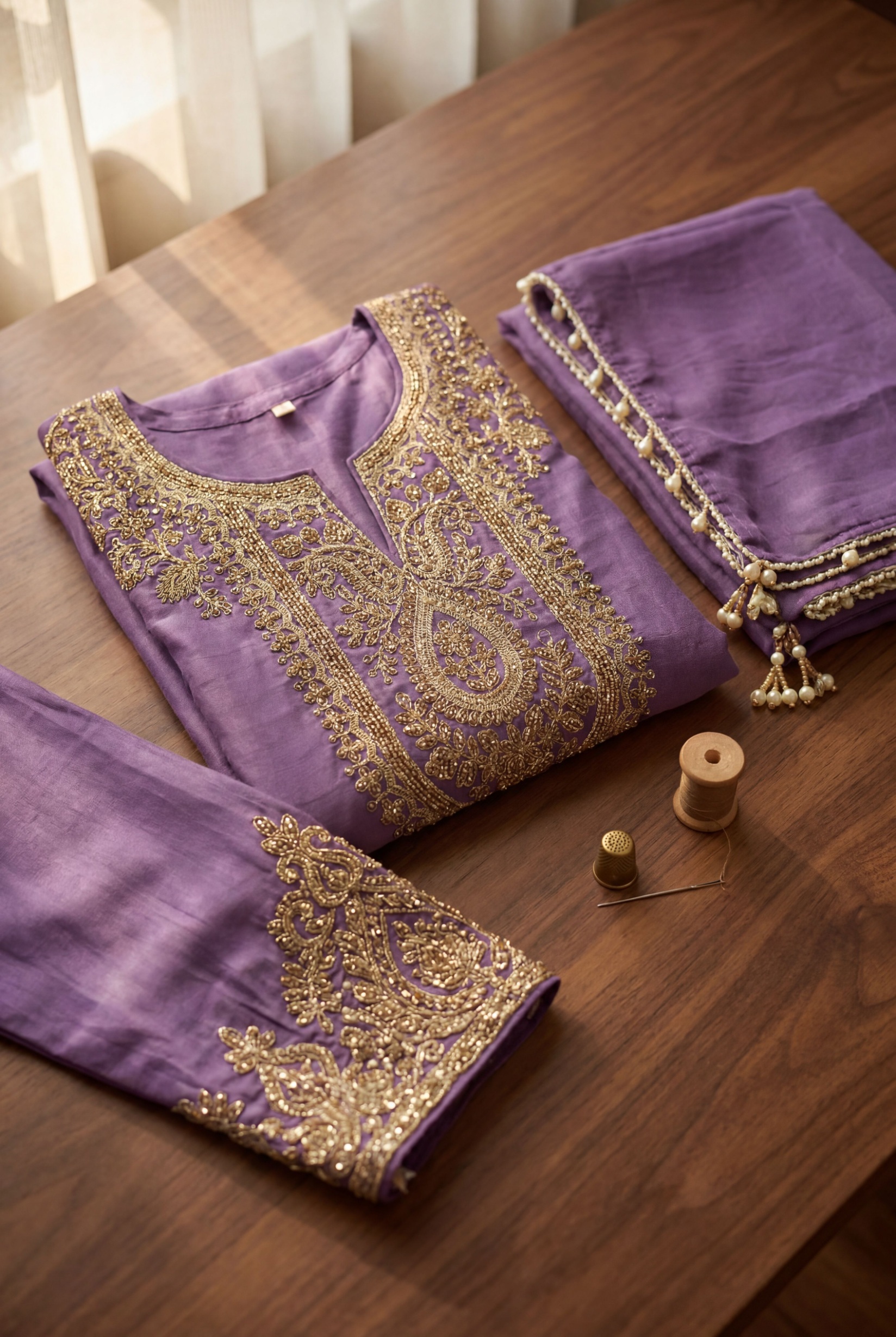 Lavender Designer Embroidery Shimmer Tissue Palazzo Suit