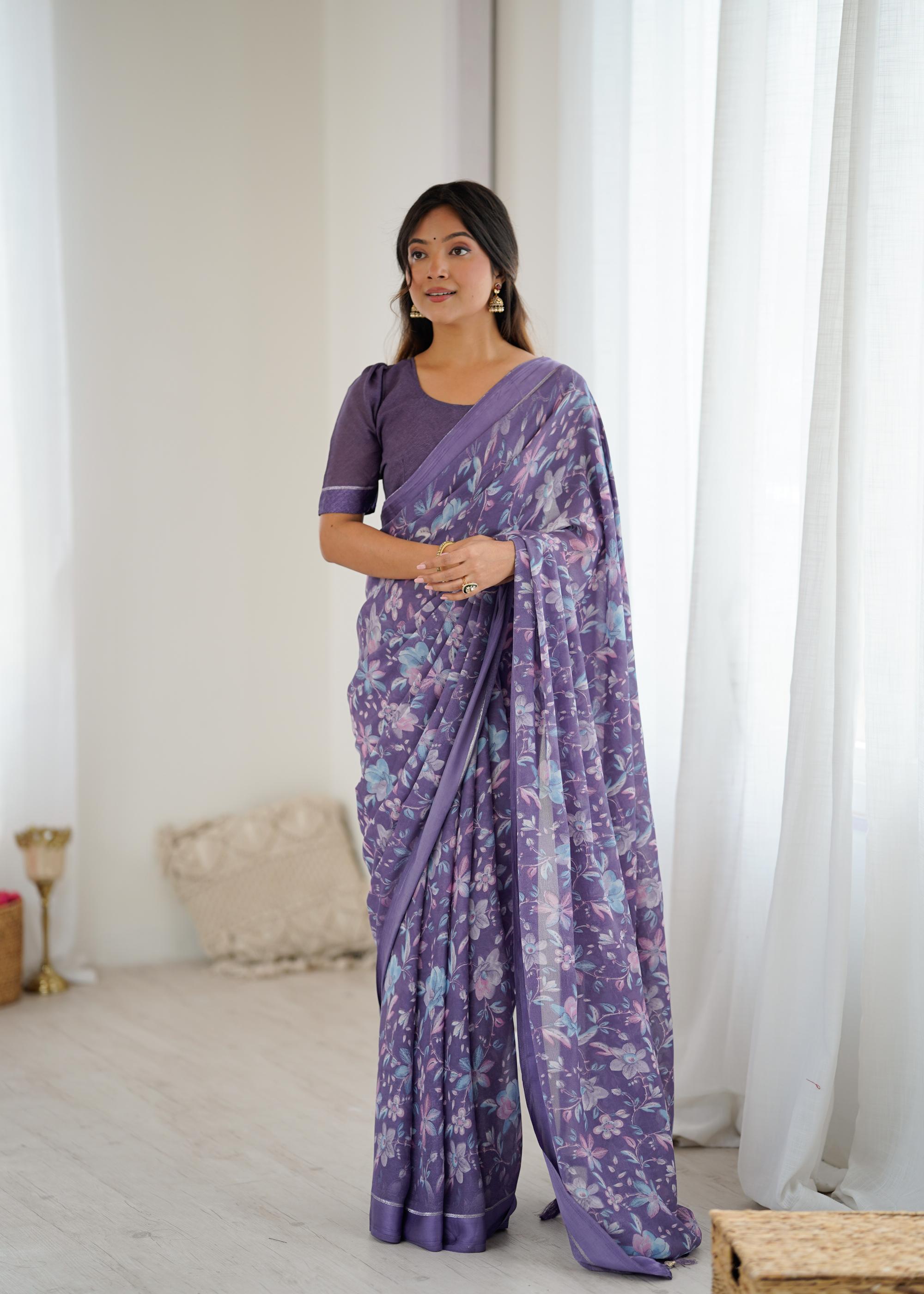 Lavender Designer Printed Moss Satin Patta Saree