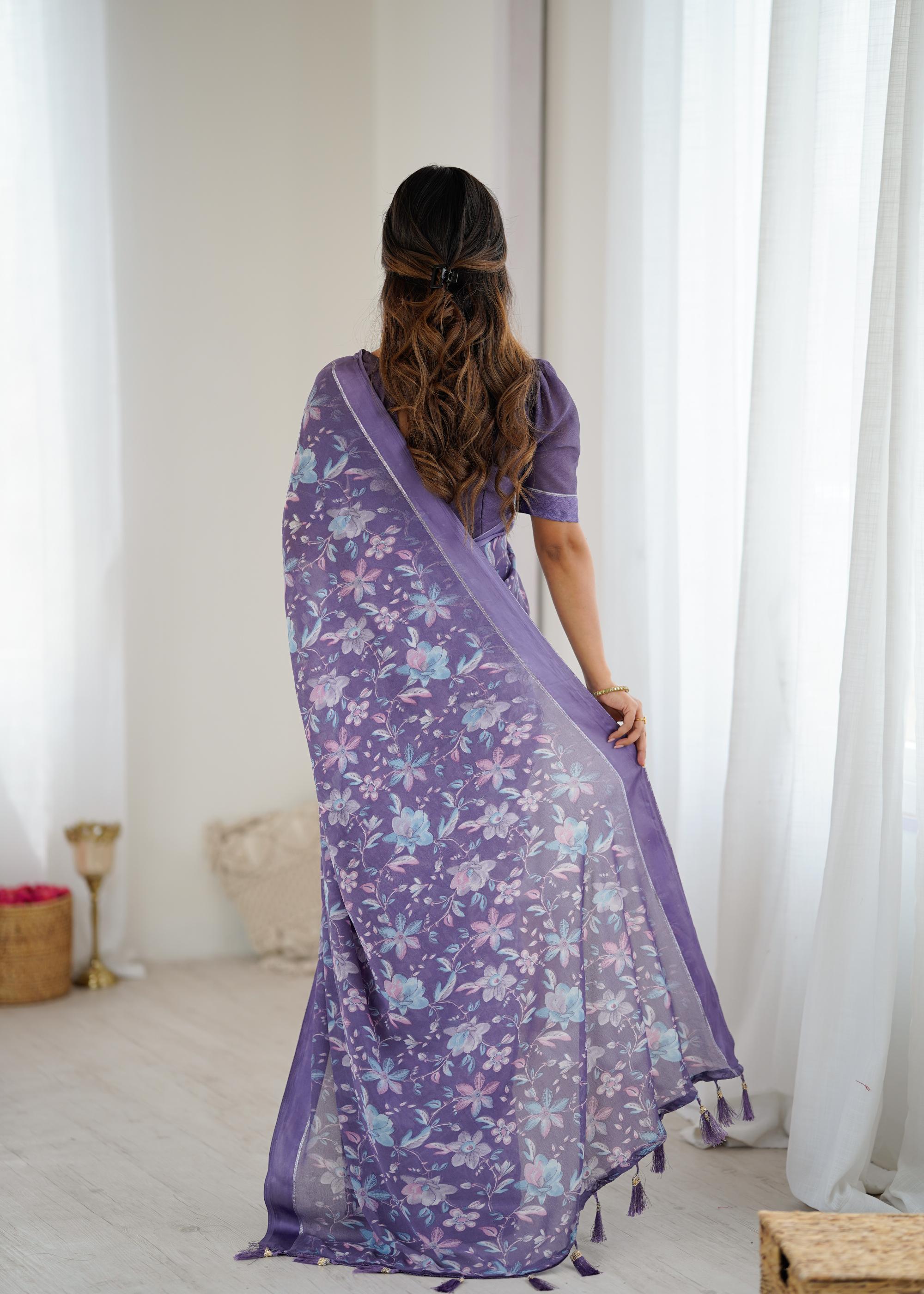 Lavender Designer Printed Moss Satin Patta Saree — alternate view