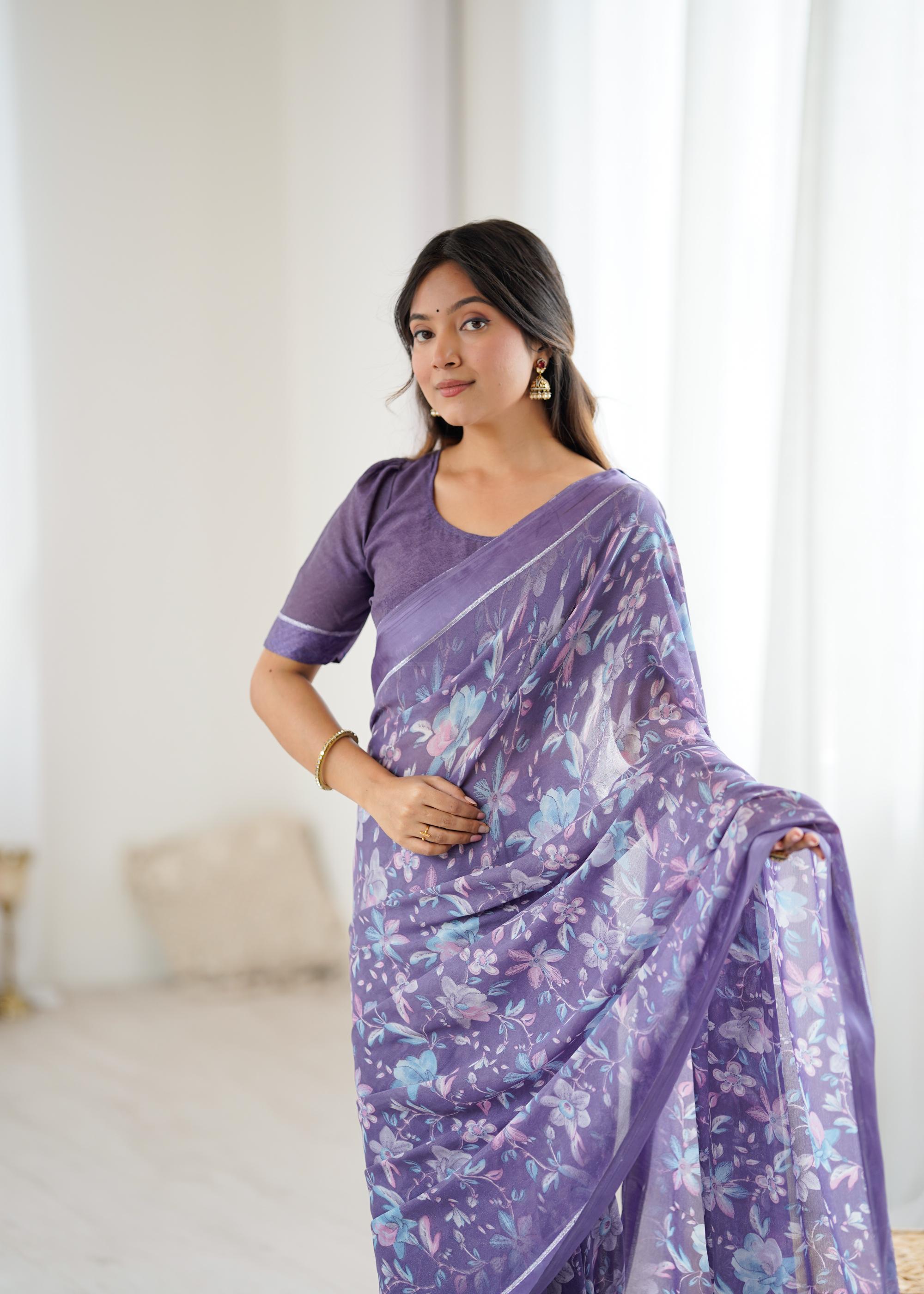 Lavender Designer Printed Moss Satin Patta Saree