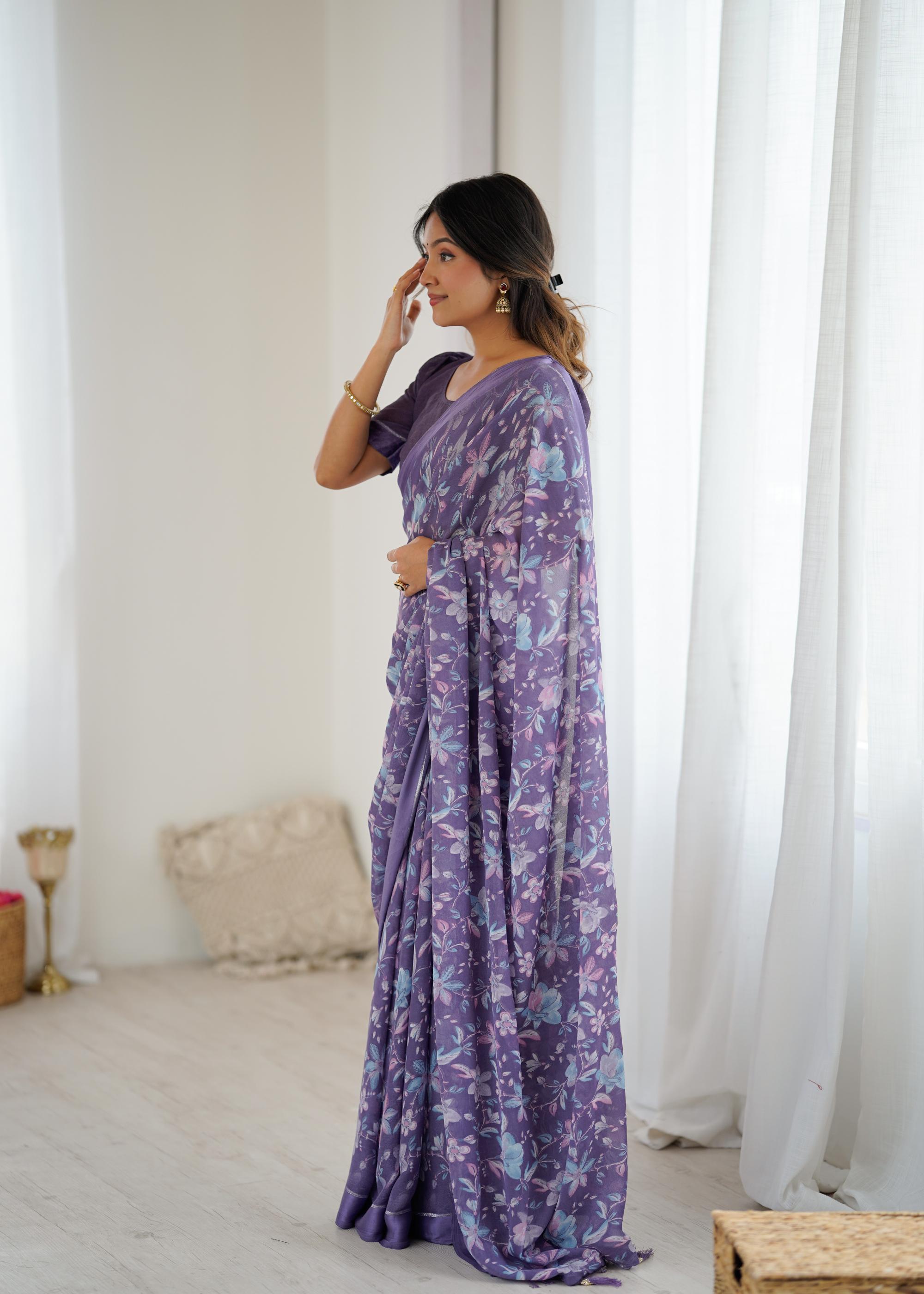 Lavender Designer Printed Moss Satin Patta Saree