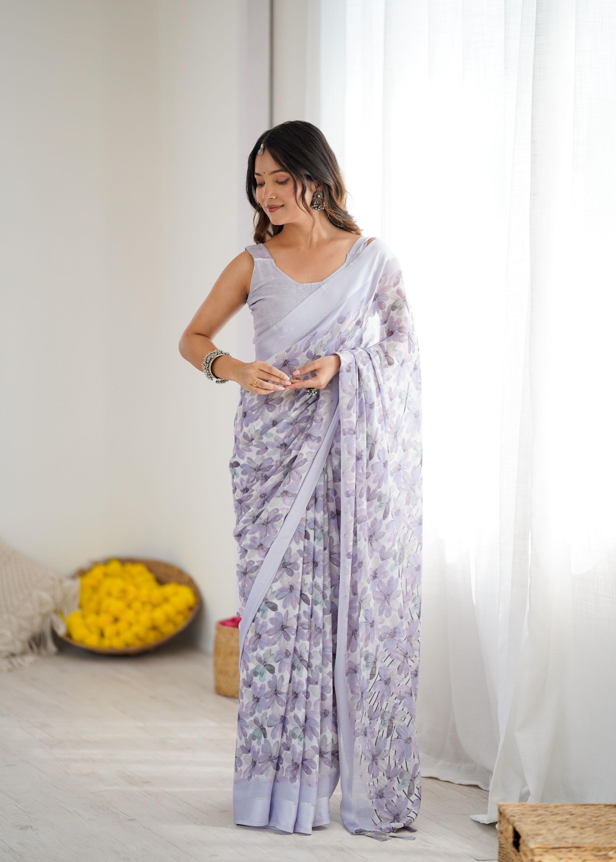 Lavender Digital Printed Moss Satin Patta Saree