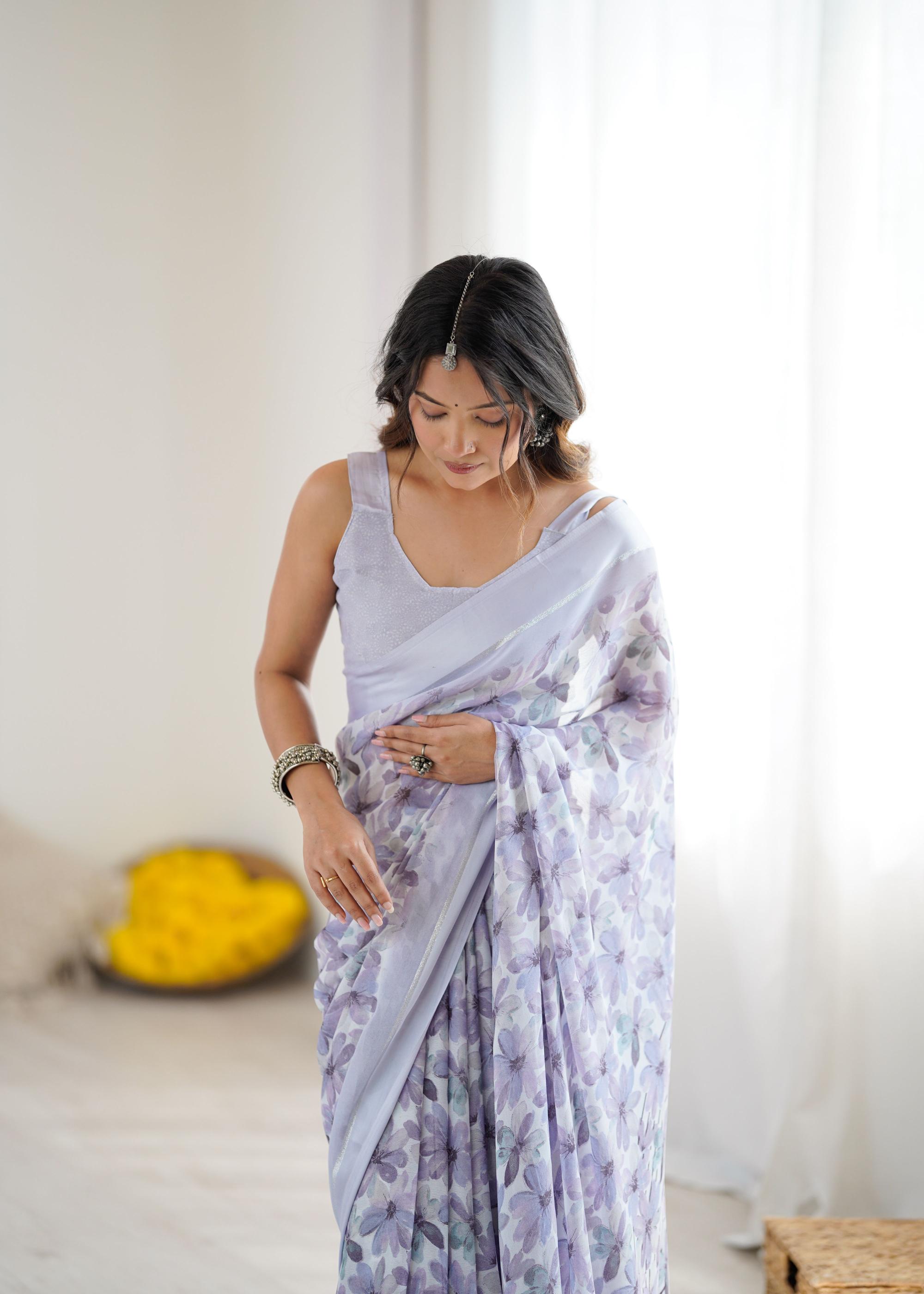 Lavender Digital Printed Moss Satin Patta Saree