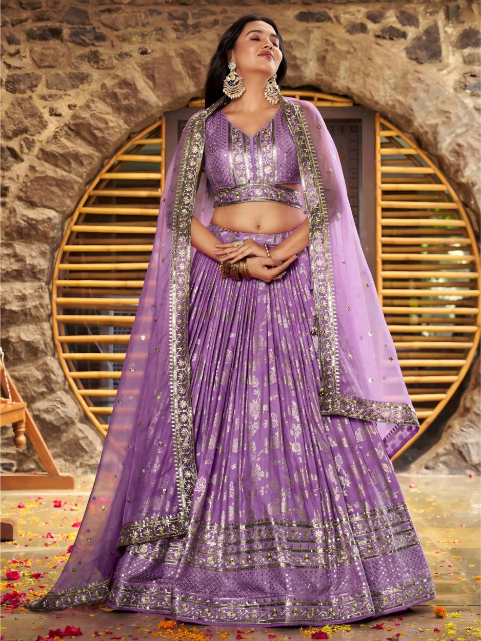 Lavender Dola Silk Jacquard Bridal Lehenga