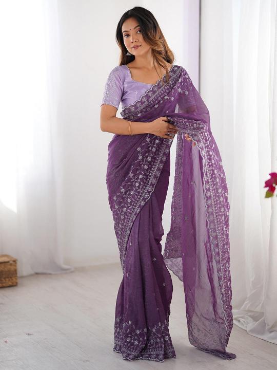 Lavender Embroidered Crunchy Silk Saree