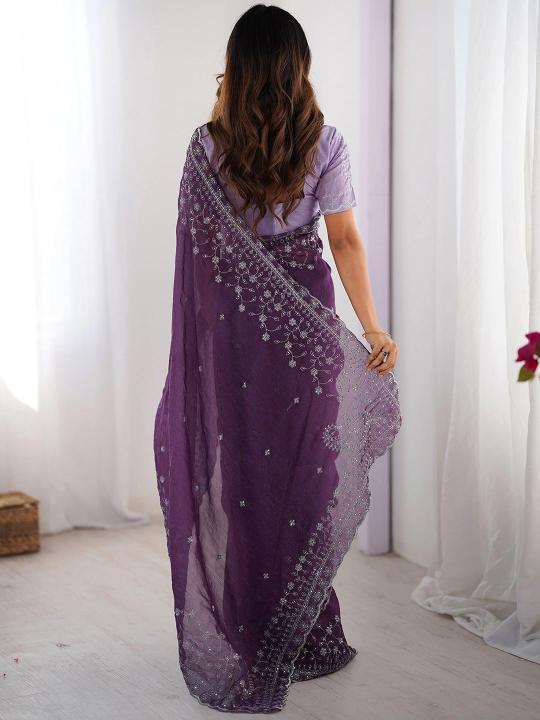 Lavender Embroidered Crunchy Silk Saree — alternate view
