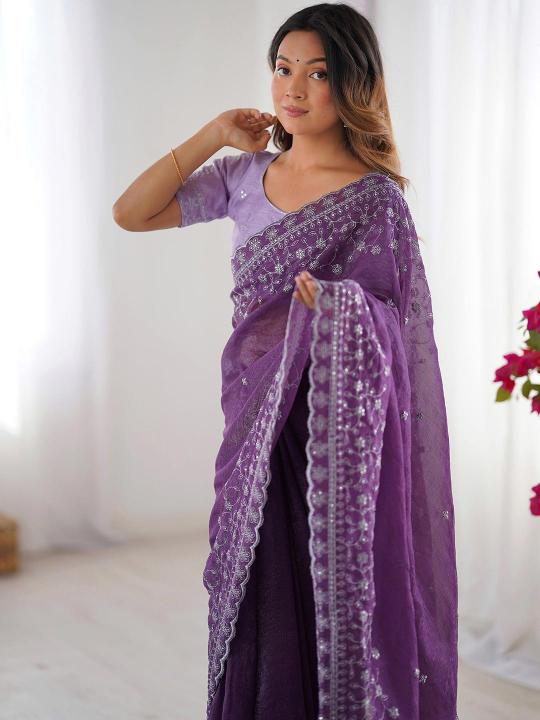 Lavender Embroidered Crunchy Silk Saree