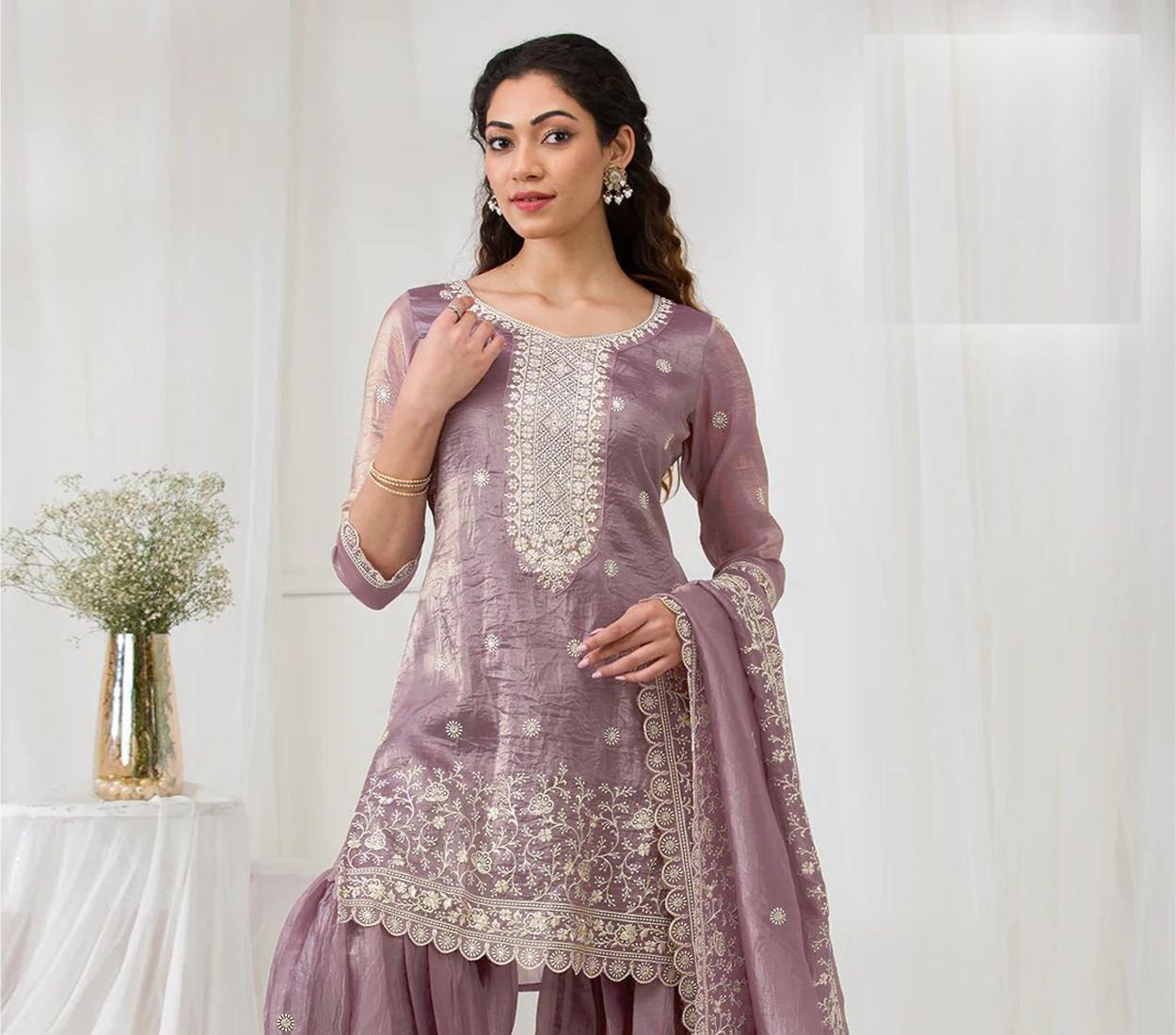 Lavender Embroidered Gold Crush Palazzo Suit — alternate view