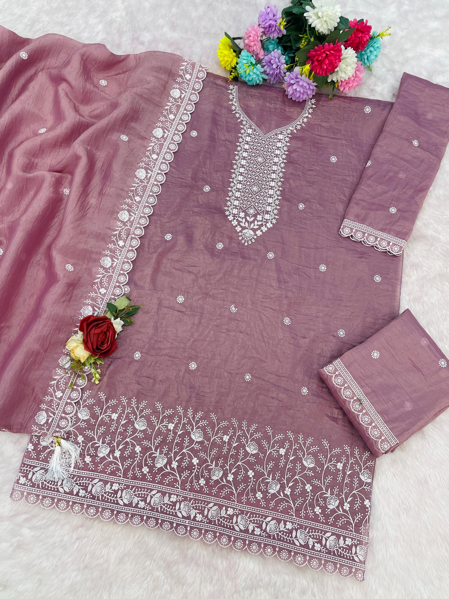 Lavender Embroidered Gold Crush Palazzo Suit