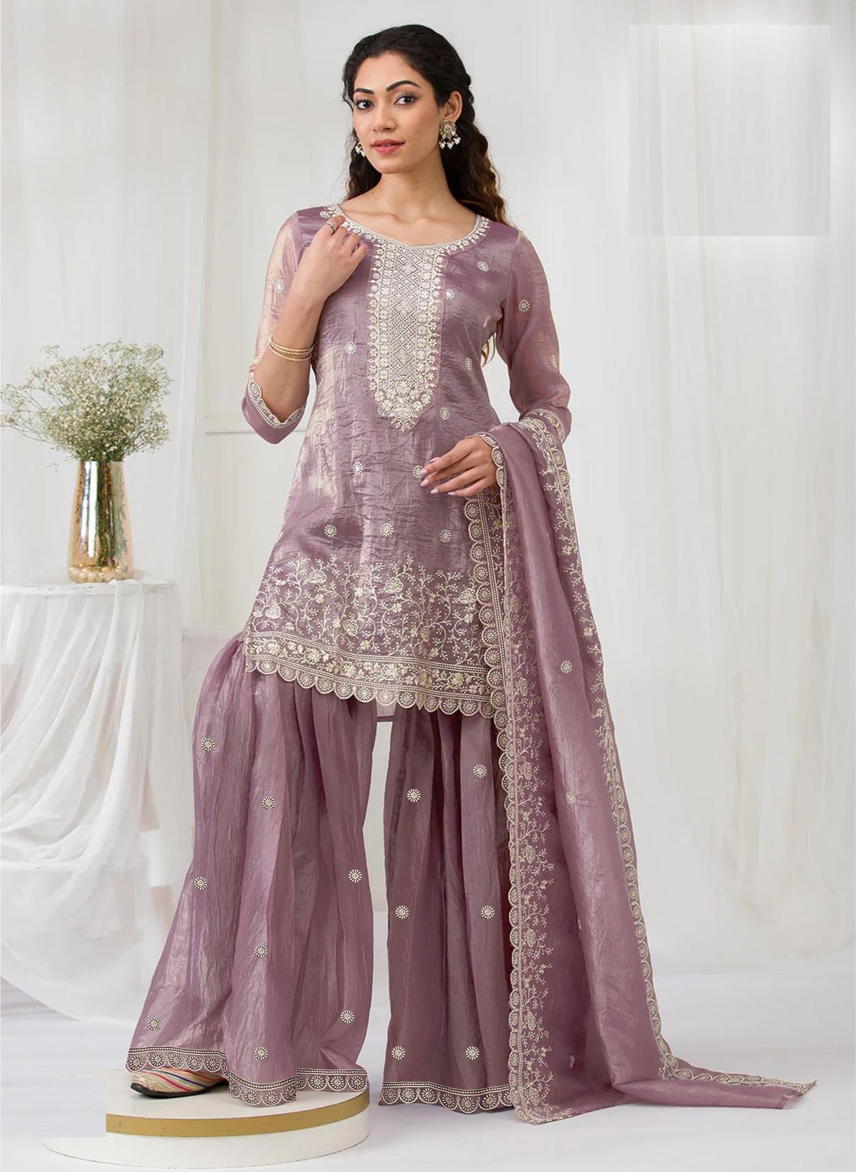 Lavender Embroidered Gold Crush Palazzo Suit