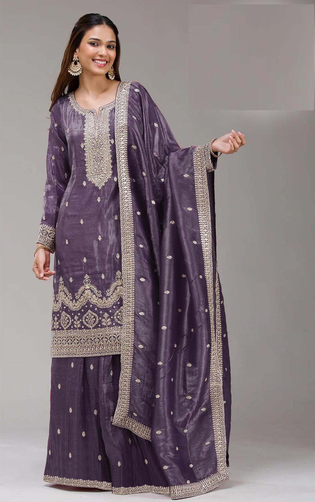 Lavender Embroidered Gold Crush Palazzo Suit