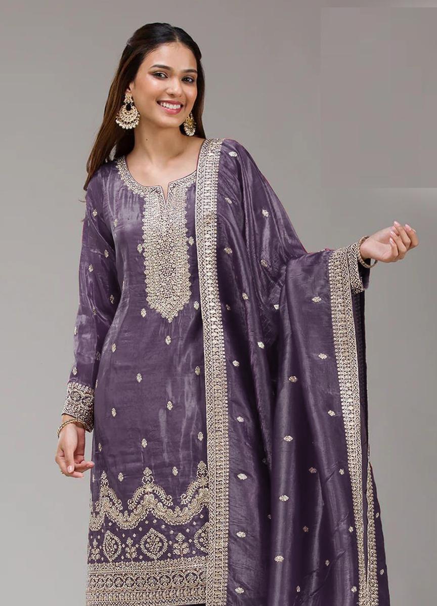Lavender Embroidered Gold Crush Palazzo Suit — alternate view