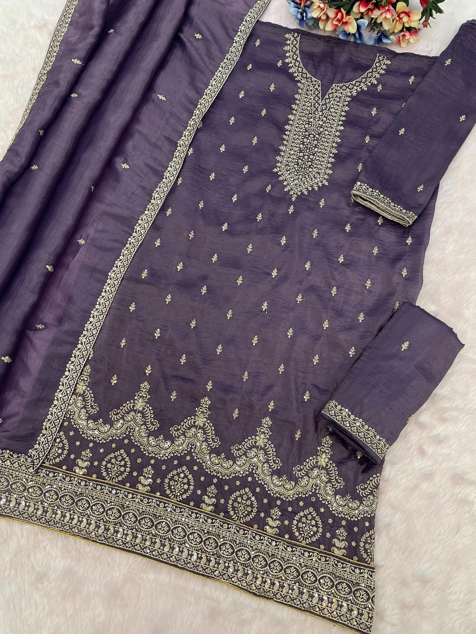 Lavender Embroidered Gold Crush Palazzo Suit
