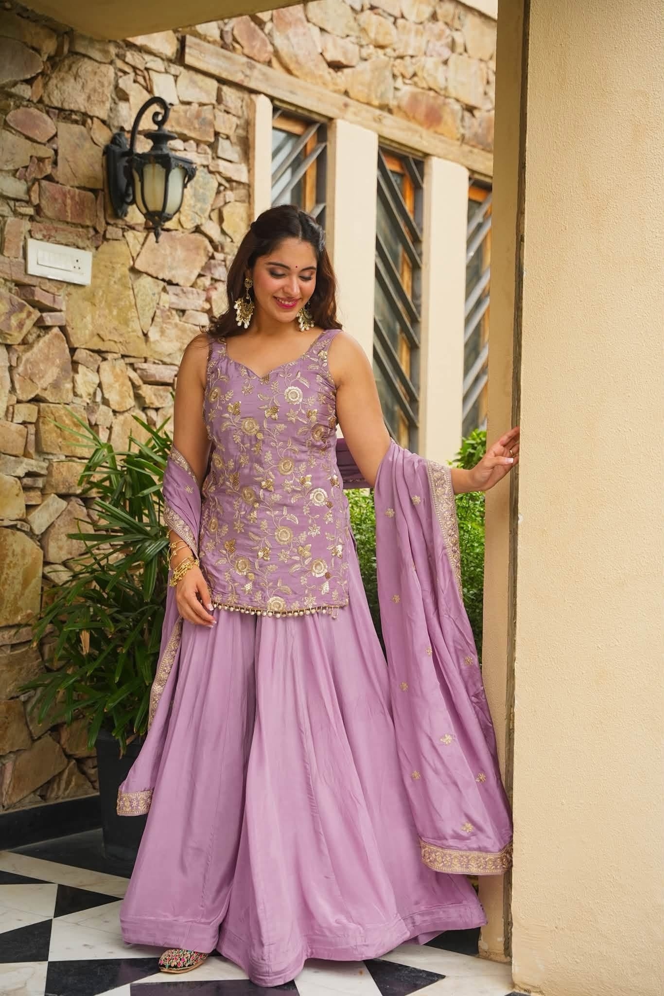 Lavender Embroidered Kajo Silk Sharara Suit