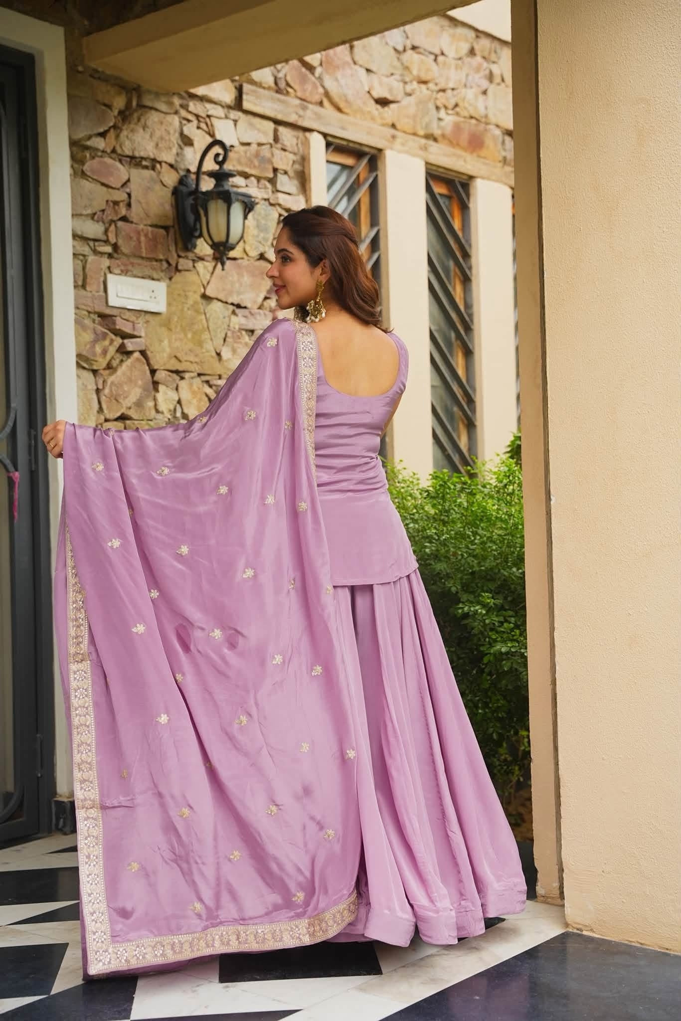Lavender Embroidered Kajo Silk Sharara Suit — alternate view
