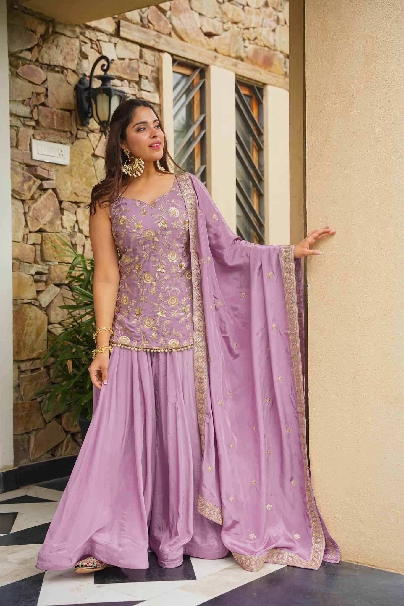 Lavender Embroidered Kajo Silk Sharara Suit