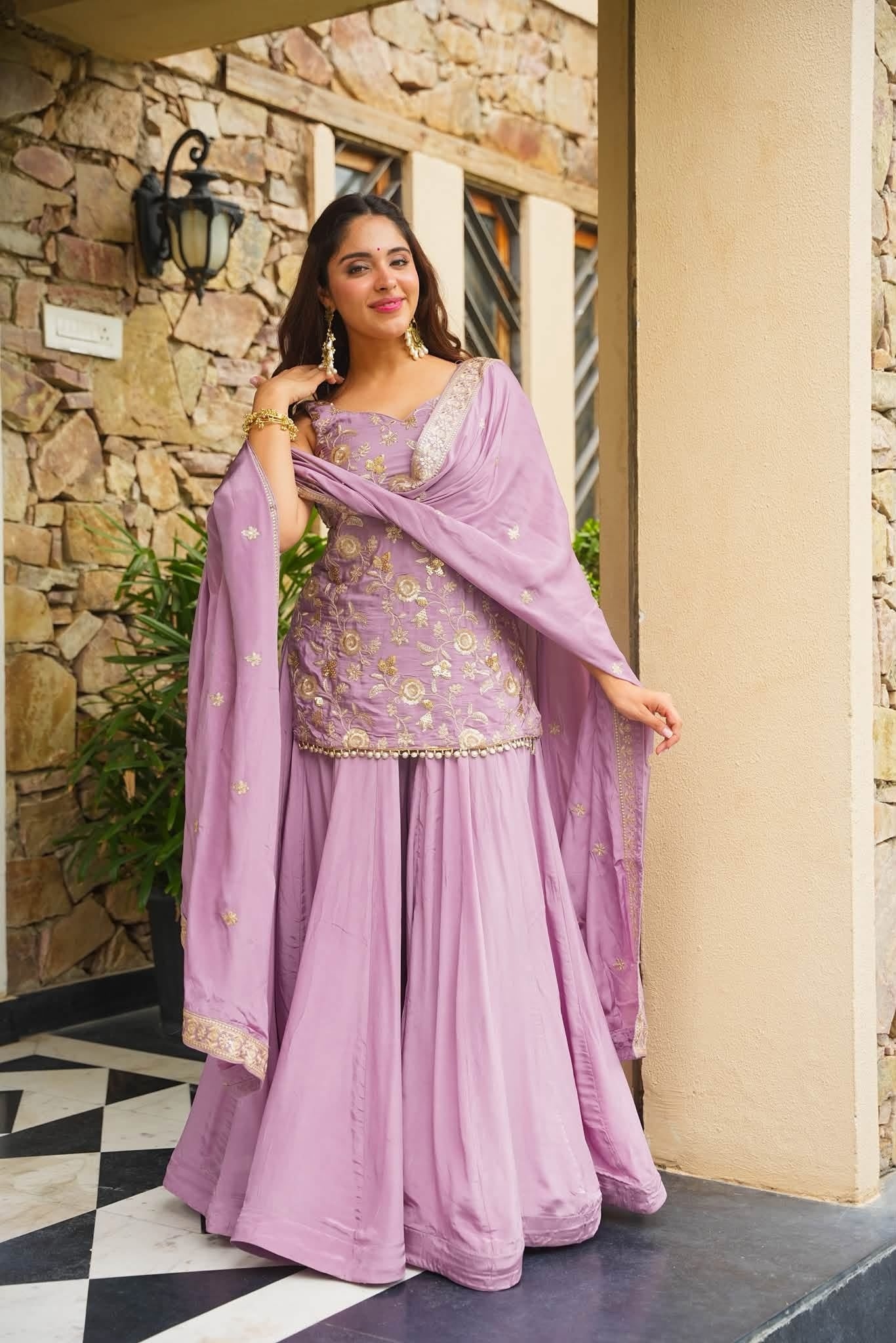 Lavender Embroidered Kajo Silk Sharara Suit