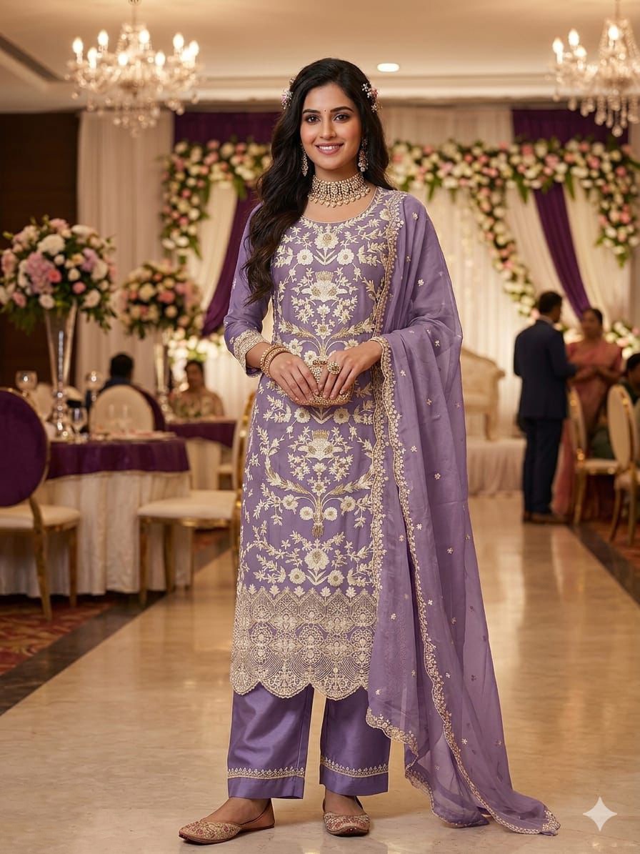 Lavender Embroidered Organza Palazzo Suit