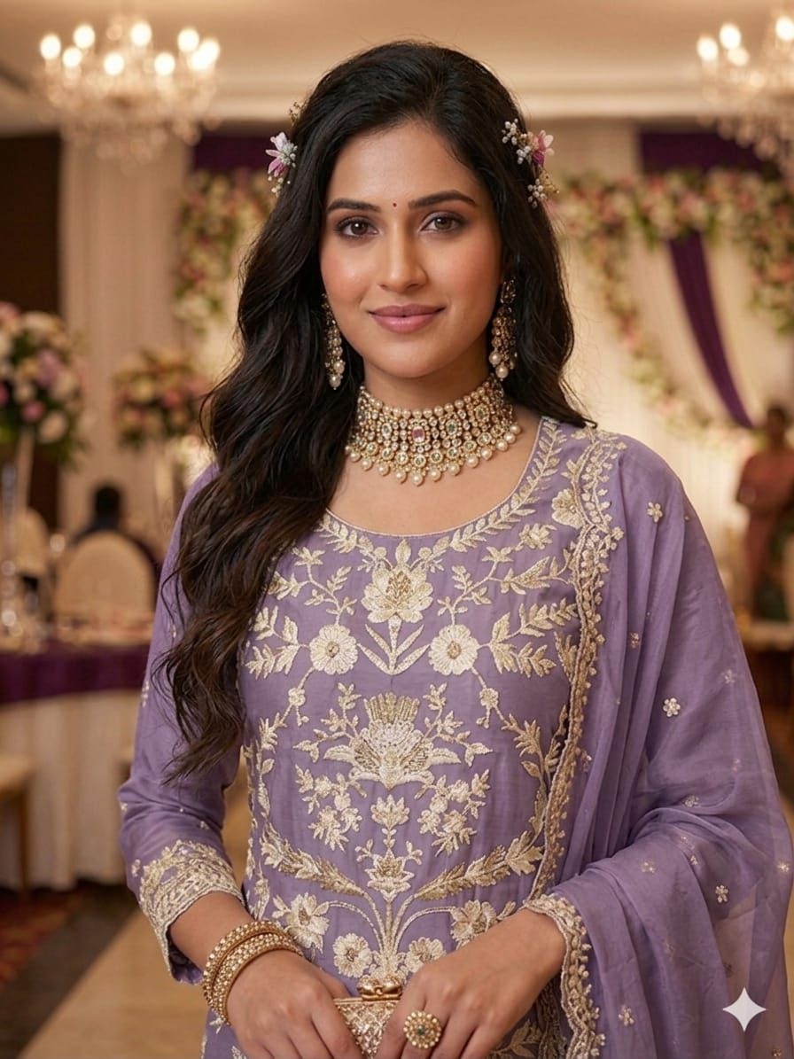 Lavender Embroidered Organza Palazzo Suit