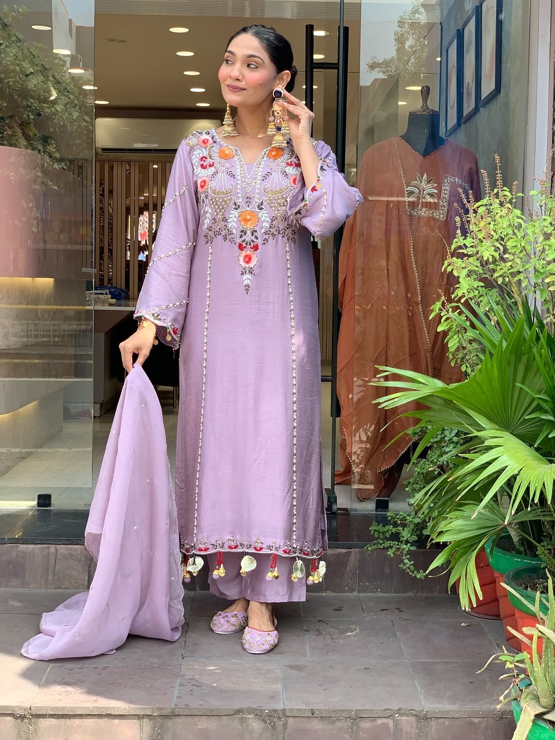 Lavender Embroidered P V Chanderi Straight Kurta Set