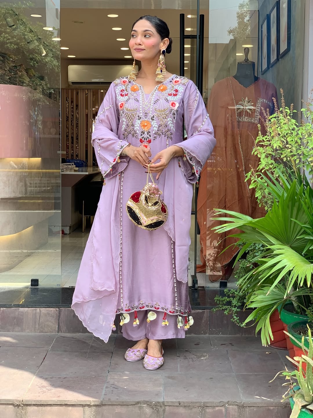 Lavender Embroidered P V Chanderi Straight Kurta Set — alternate view