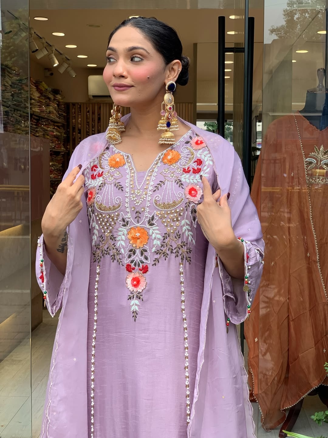 Lavender Embroidered P V Chanderi Straight Kurta Set