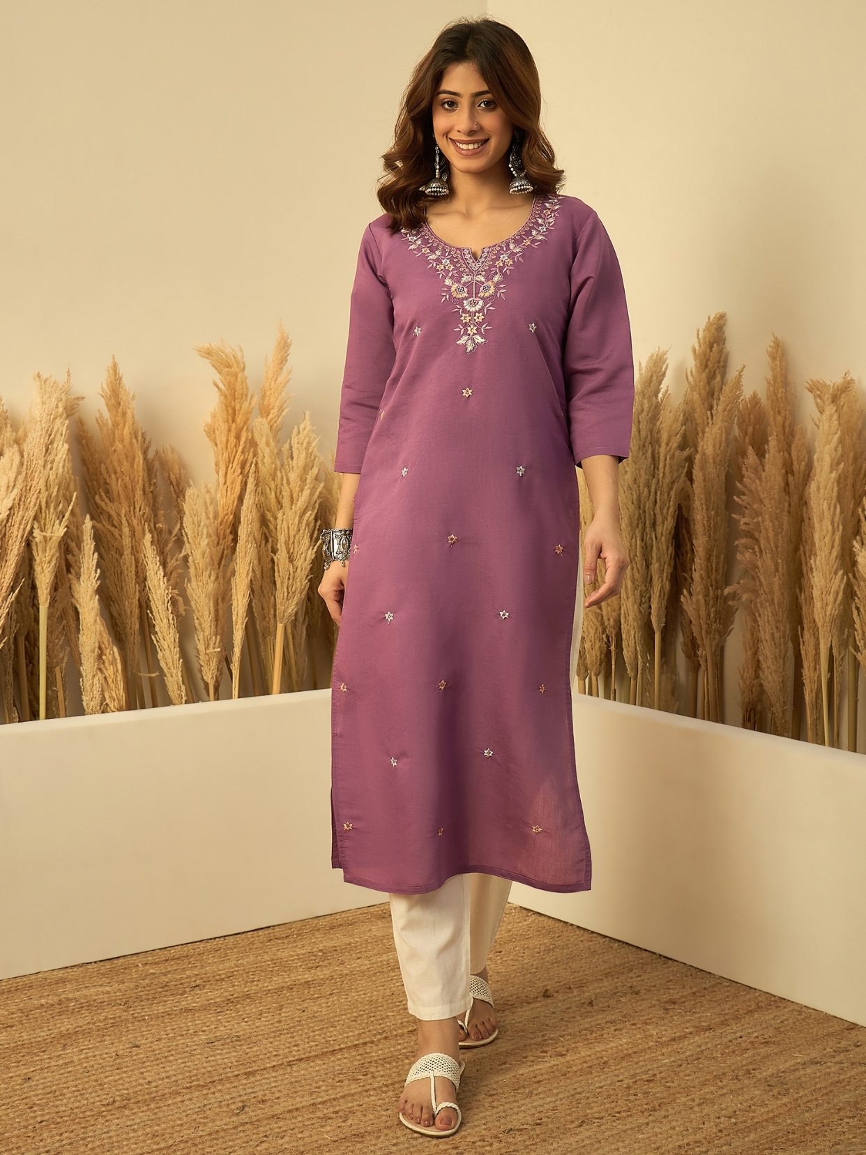 Lavender Embroidered Pattern Embroidery Silk Kurti