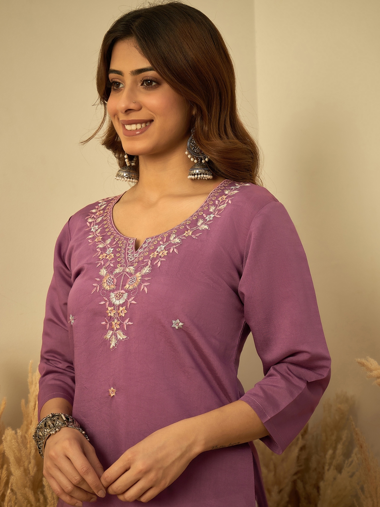 Lavender Embroidered Pattern Embroidery Silk Kurti