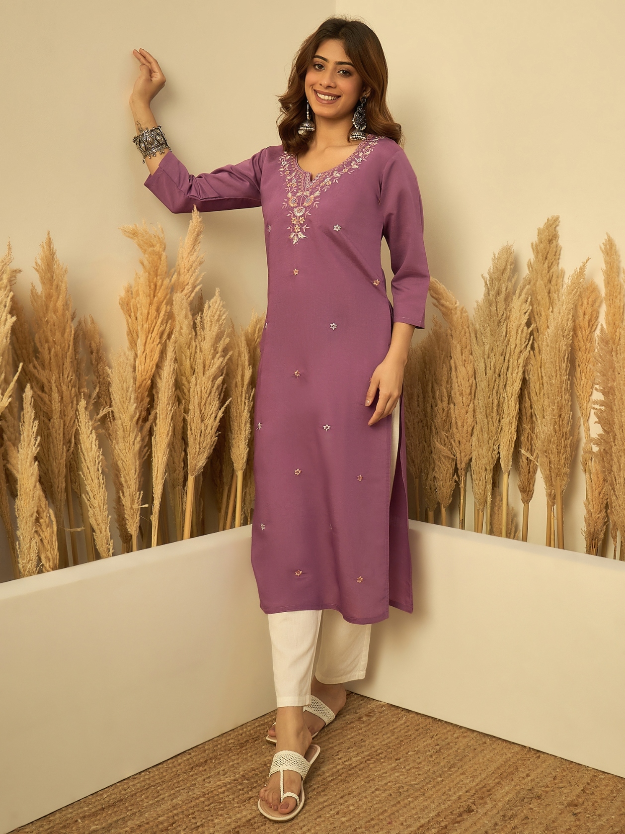 Lavender Embroidered Pattern Embroidery Silk Kurti