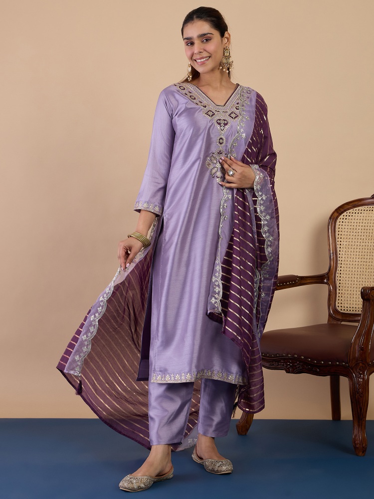 Lavender Embroidered Silk Blend Salwar Suit