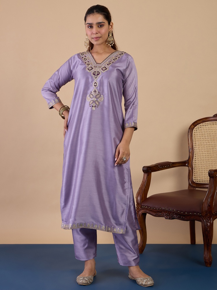 Lavender Embroidered Silk Blend Salwar Suit