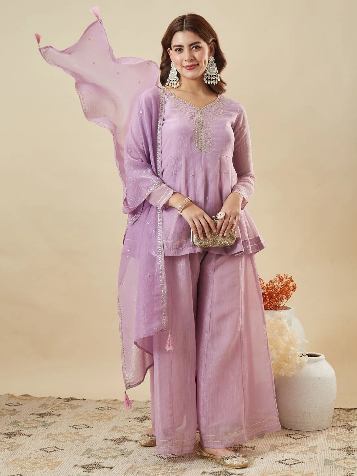 Lavender Embroidered Silk Indo-Western Co-ord Set