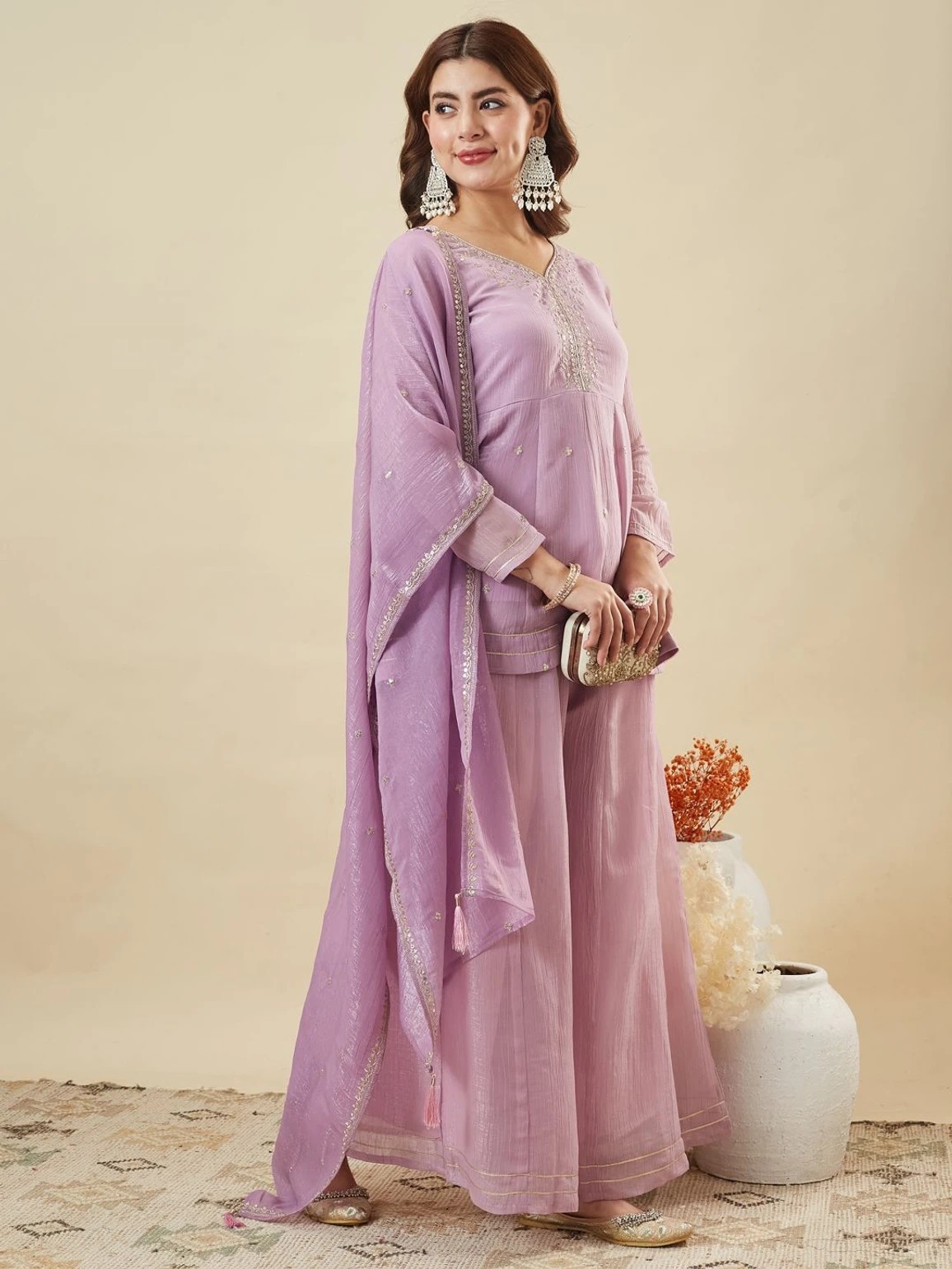Lavender Embroidered Silk Indo-Western Co-ord Set