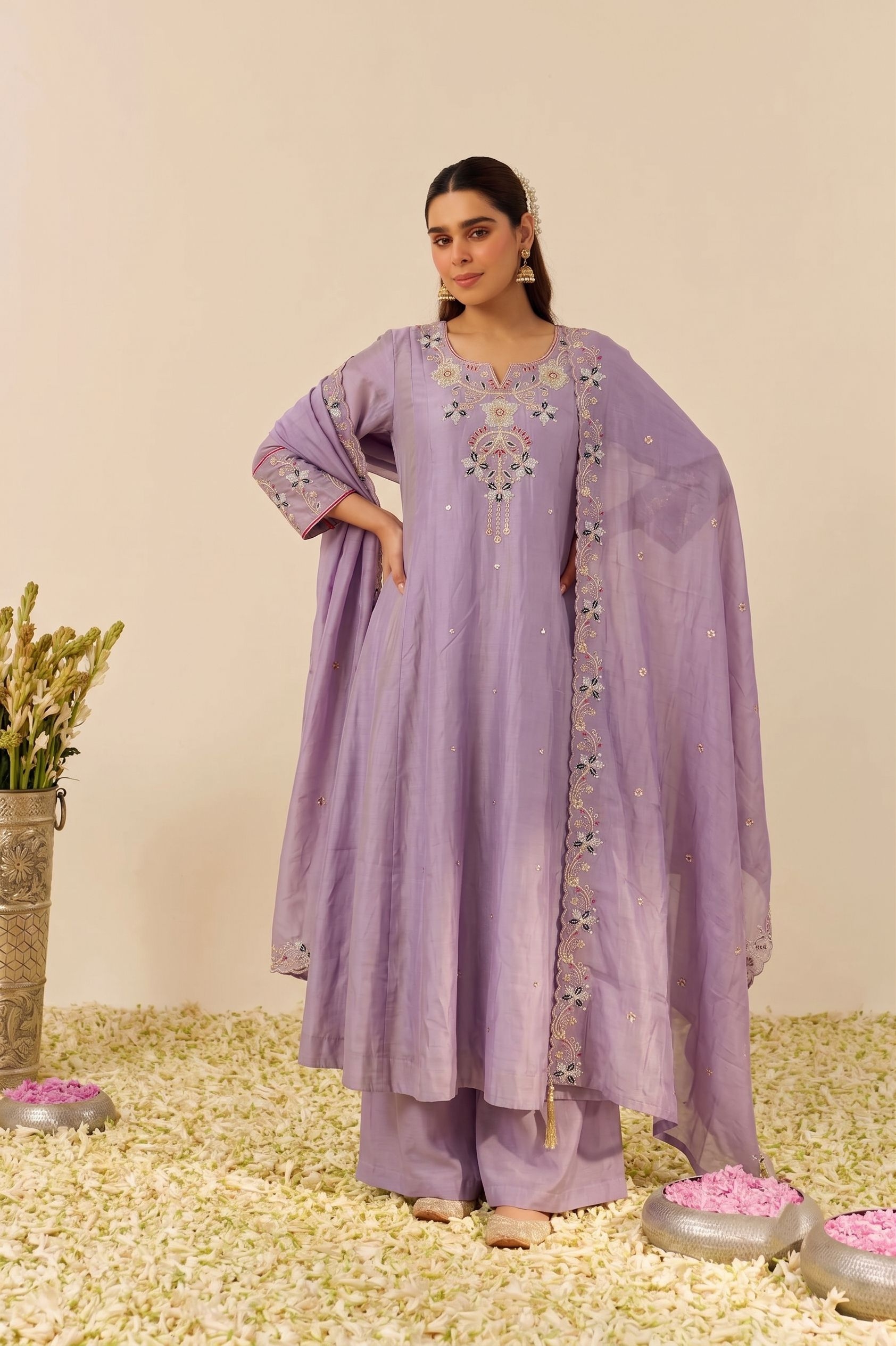 Lavender Embroidered Simmer Silk Anarkali Suit