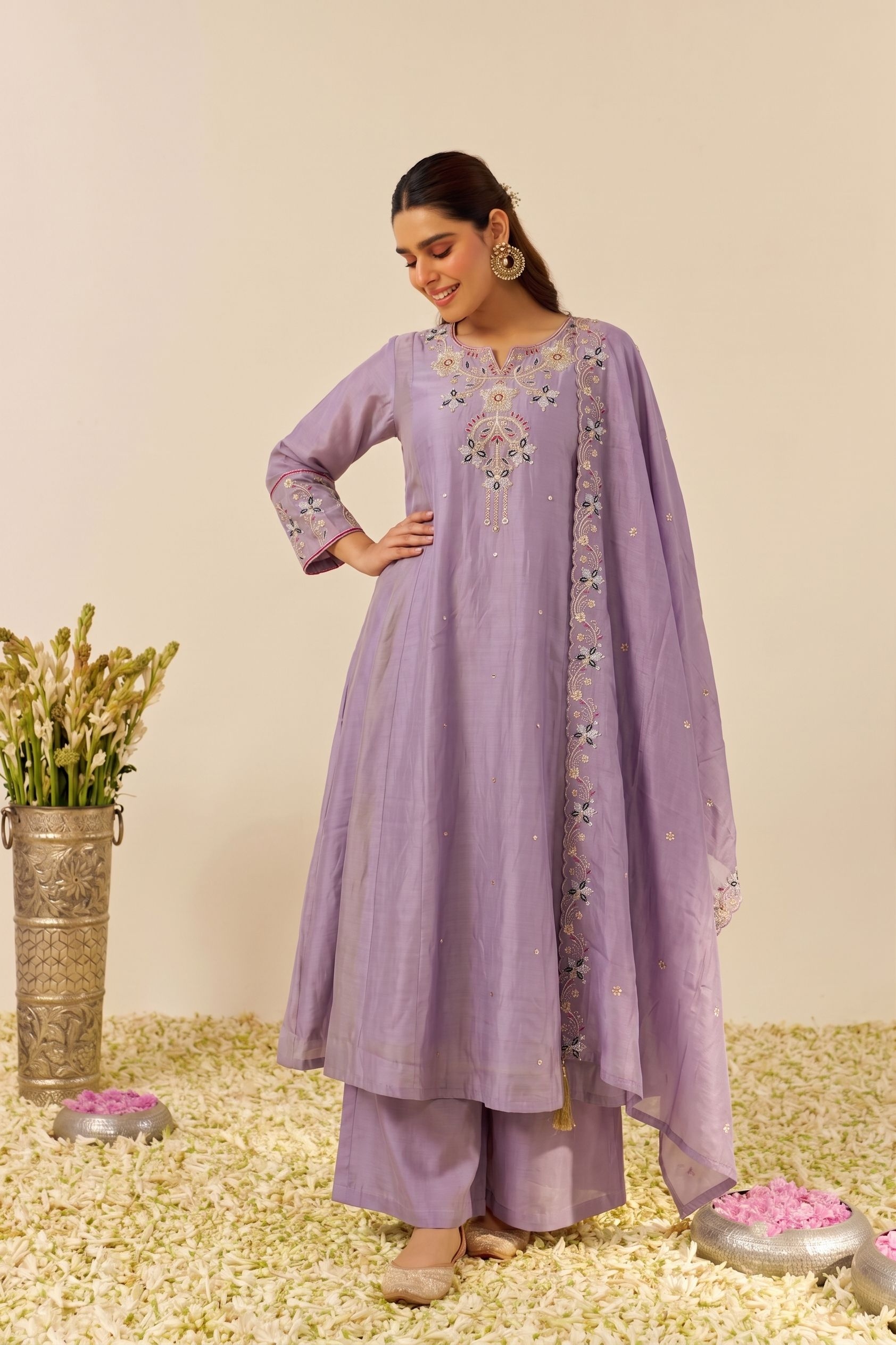 Lavender Embroidered Simmer Silk Anarkali Suit