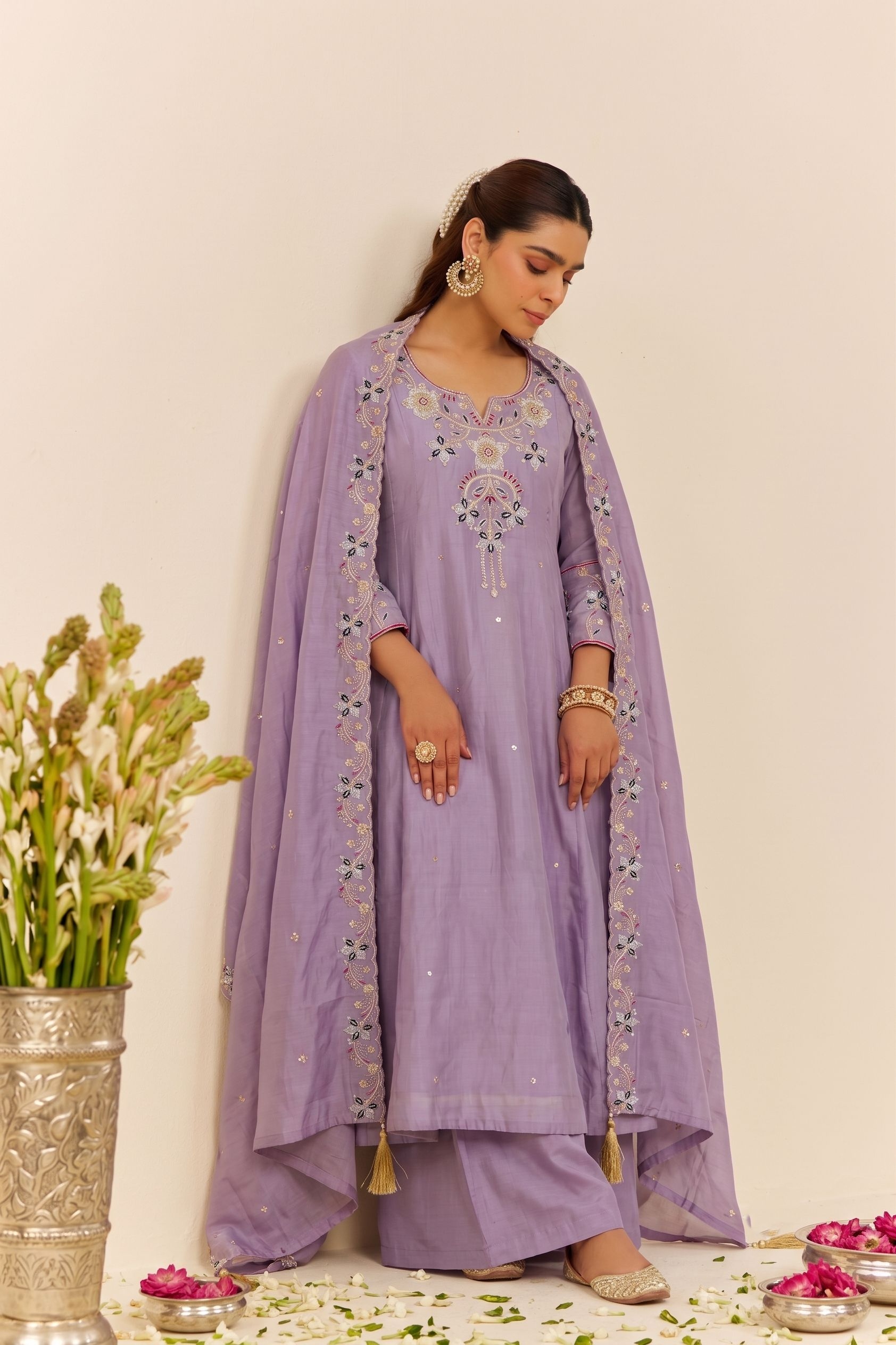 Lavender Embroidered Simmer Silk Anarkali Suit