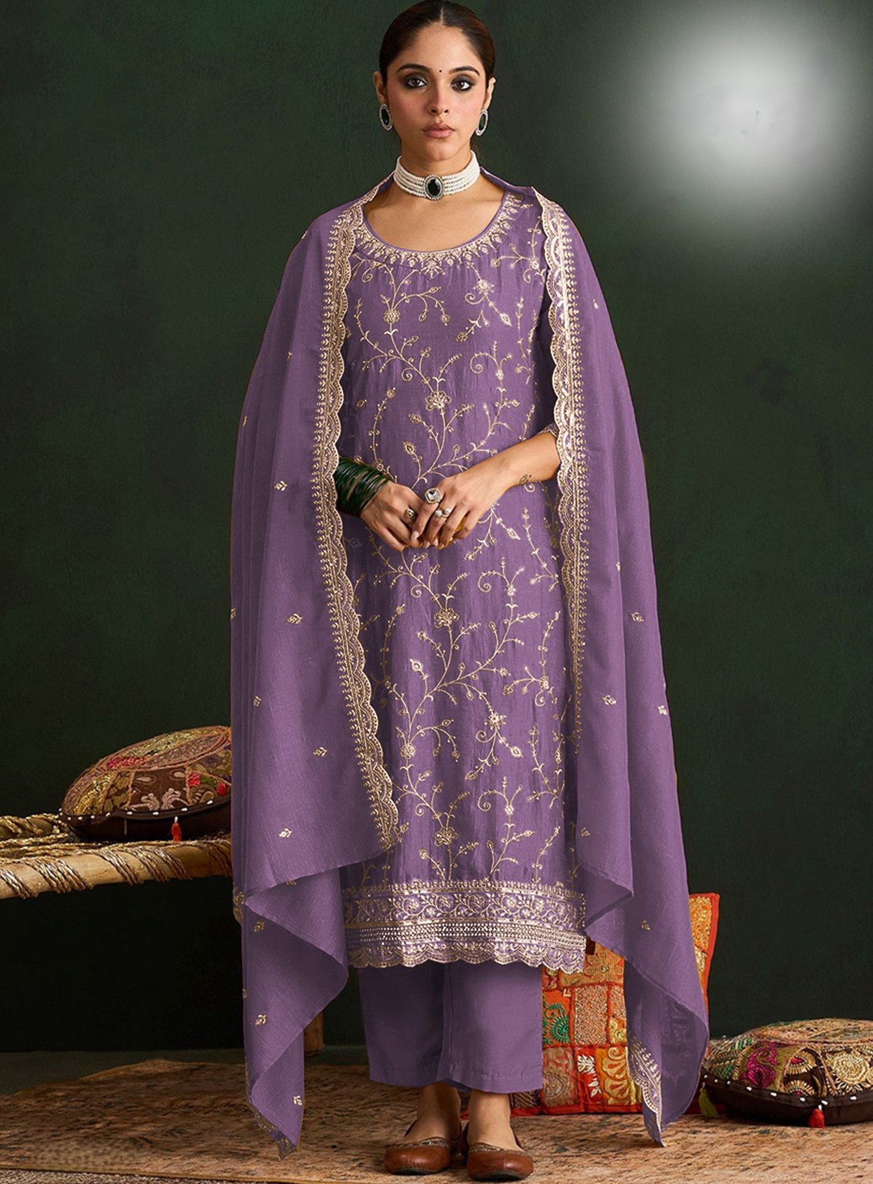 Lavender Embroidered Vichitra Straight Suit