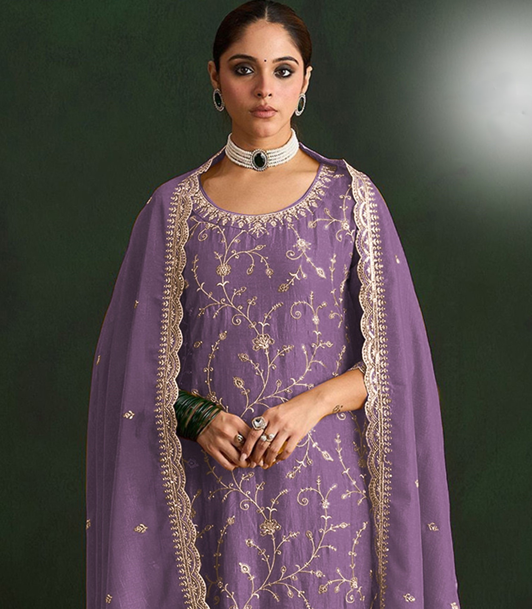 Lavender Embroidered Vichitra Straight Suit — alternate view