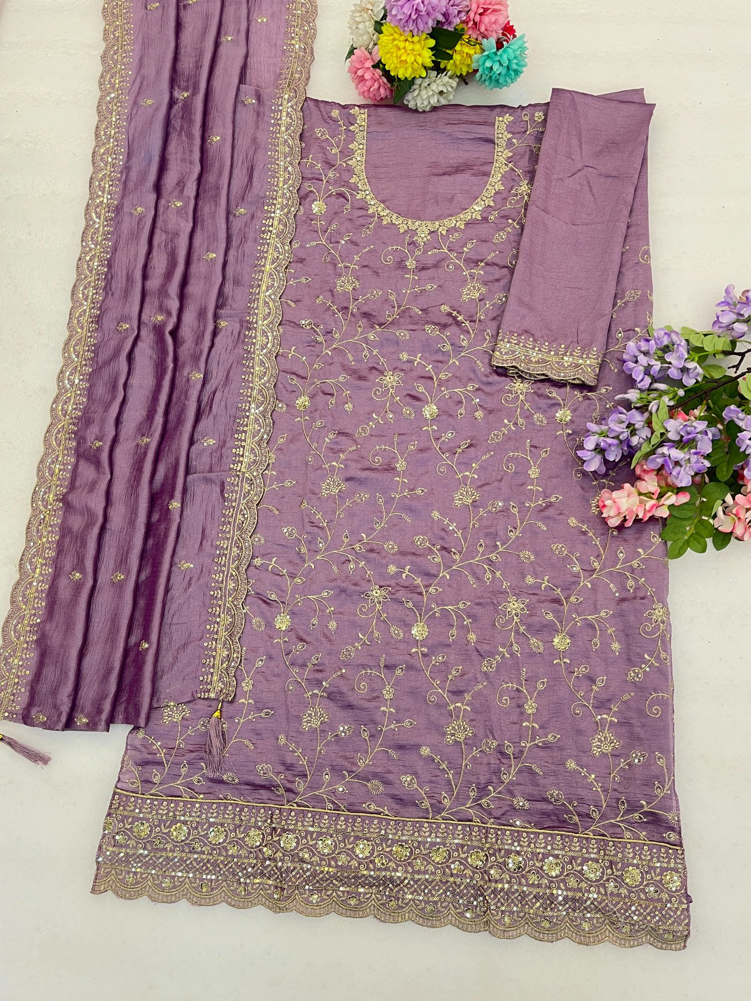 Lavender Embroidered Vichitra Straight Suit