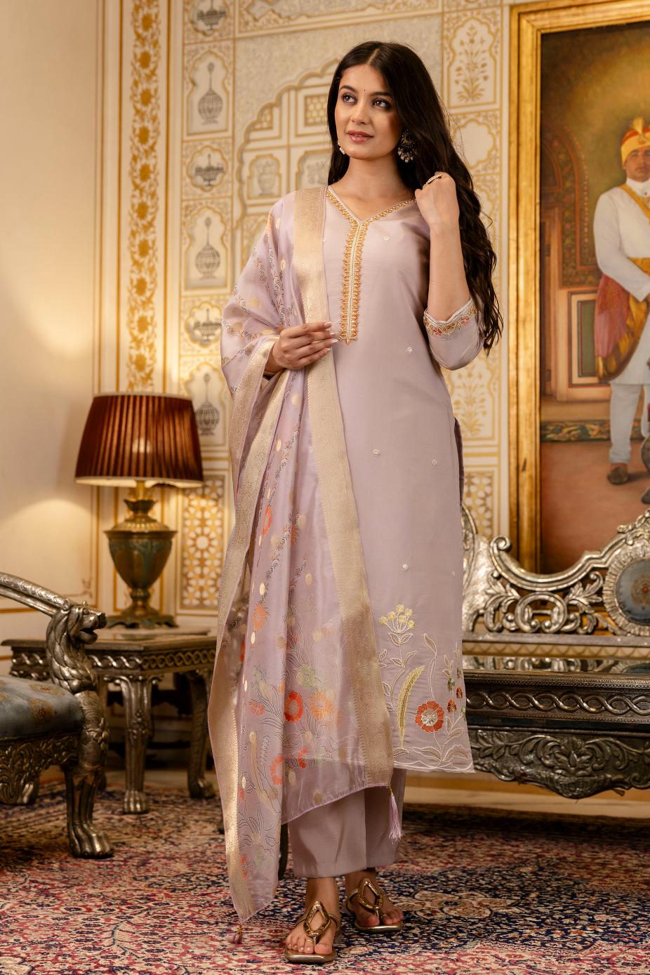 Lavender Embroidered Viscose Shimmer Anarkali Suit