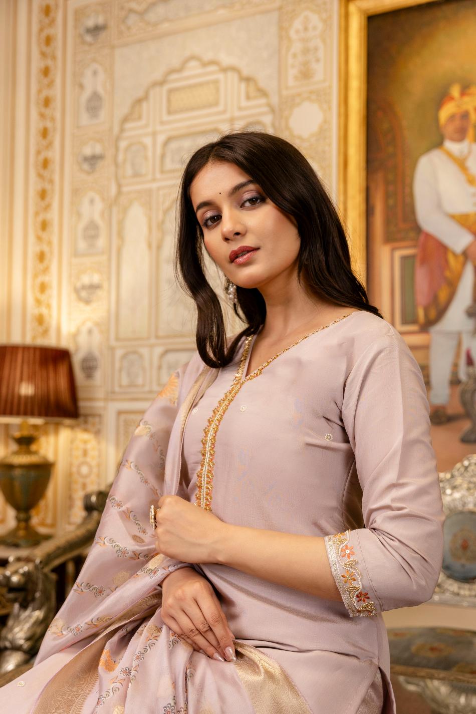 Lavender Embroidered Viscose Shimmer Anarkali Suit