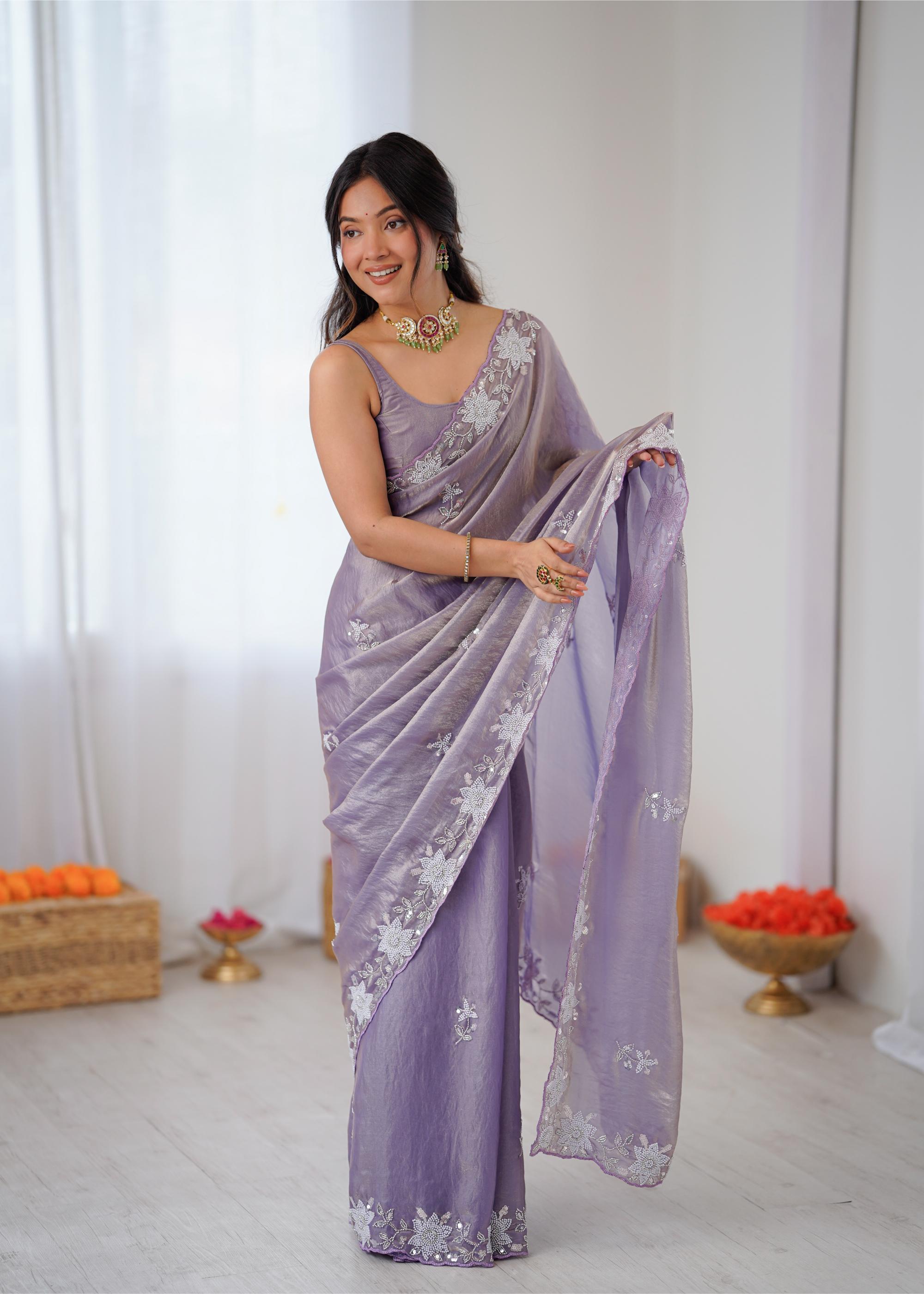 Lavender Fendy Satin Sequins Moti Cutdana Saree