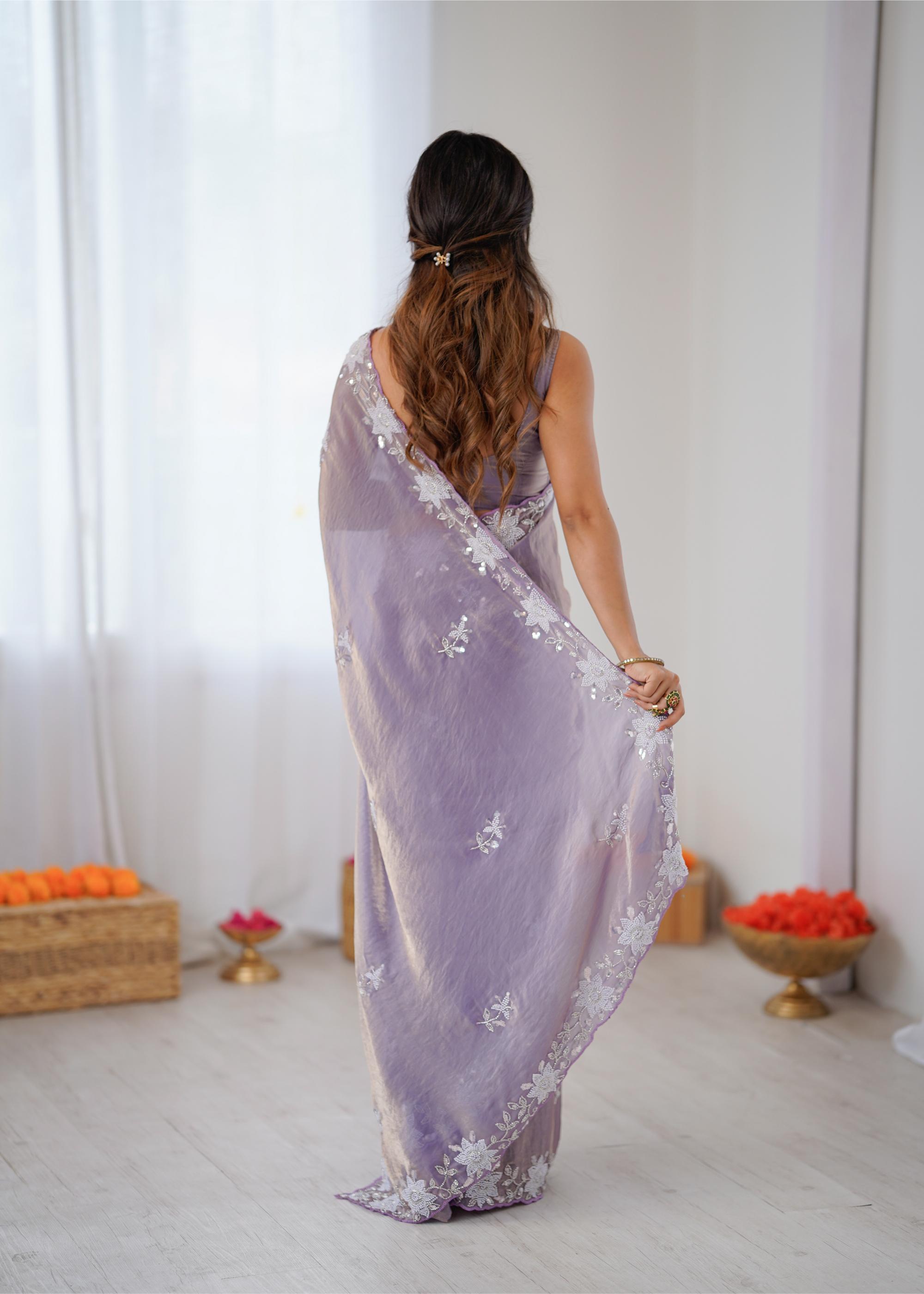 Lavender Fendy Satin Sequins Moti Cutdana Saree — alternate view
