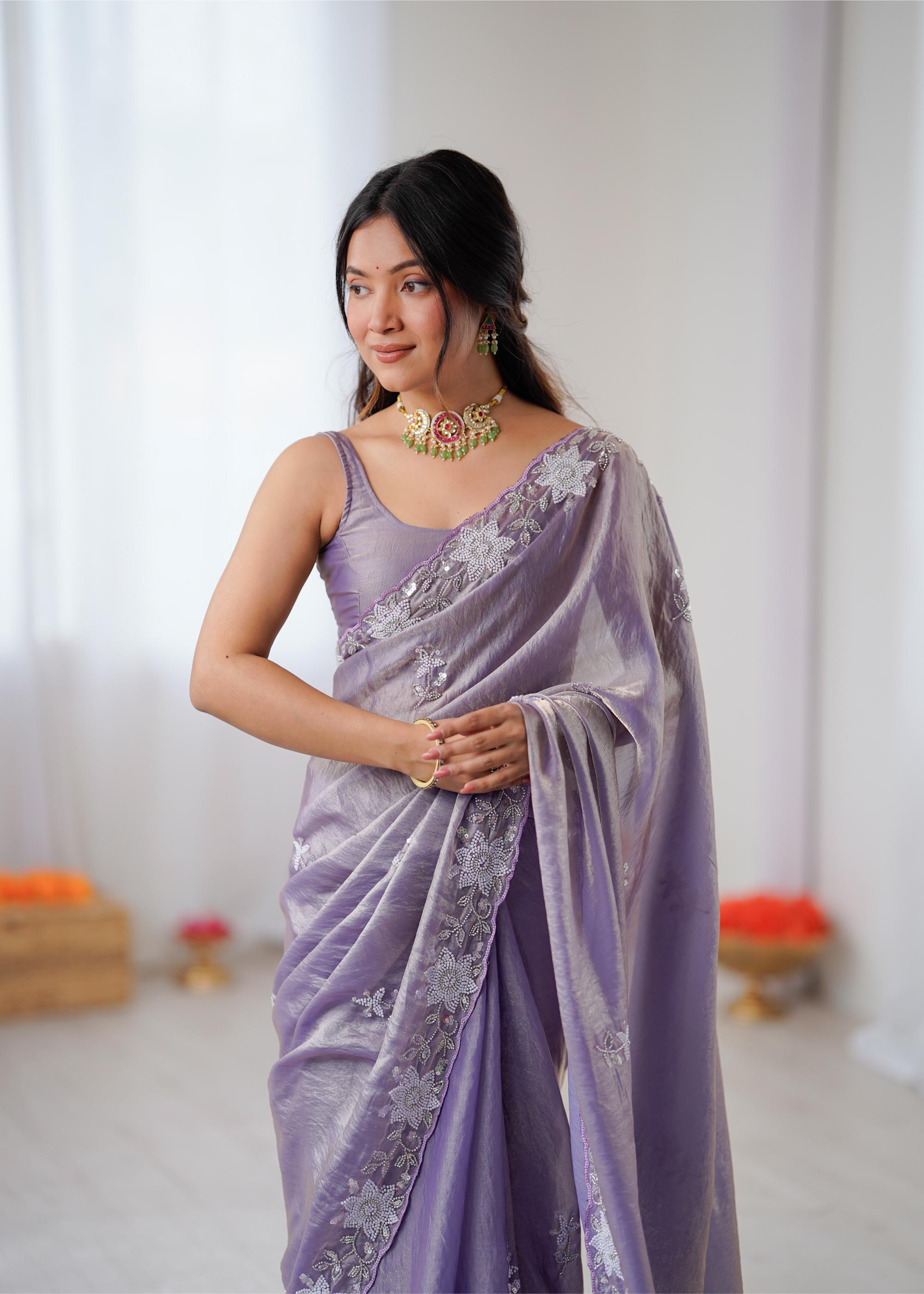 Lavender Fendy Satin Sequins Moti Cutdana Saree
