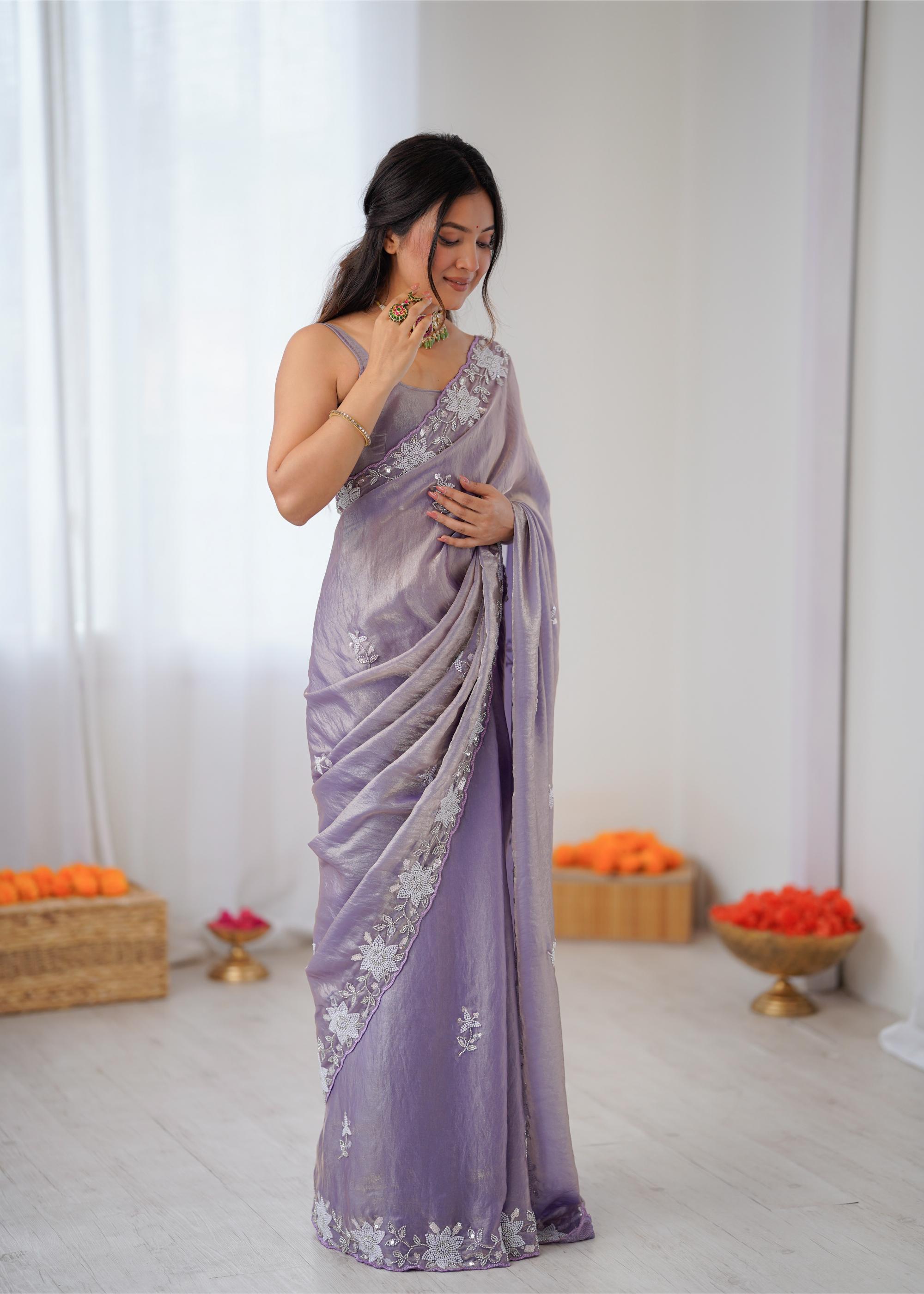 Lavender Fendy Satin Sequins Moti Cutdana Saree