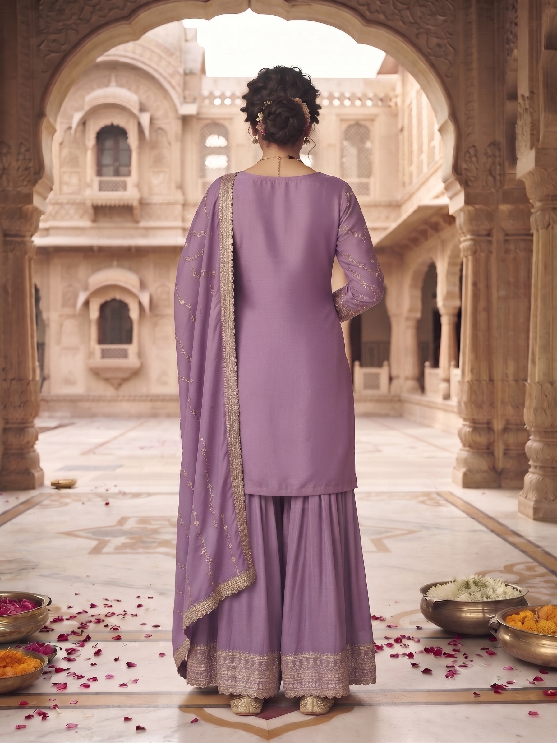Lavender Floral Embroidered Chinon Palazzo Suit — alternate view