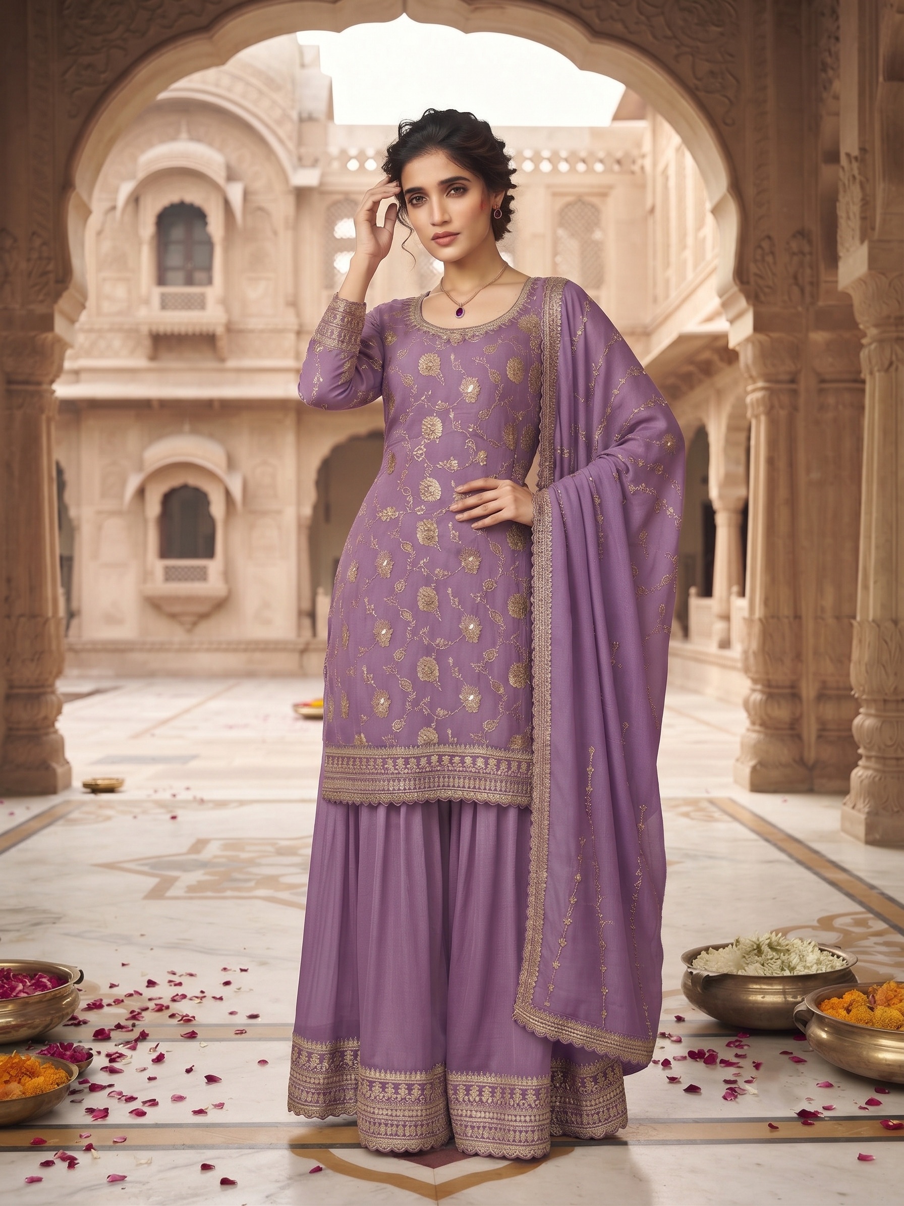 Lavender Floral Embroidered Chinon Palazzo Suit