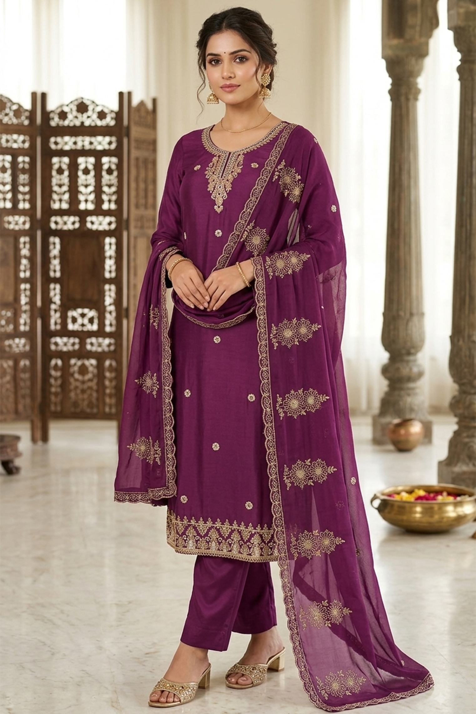 Lavender Floral Embroidered Cotton Straight Suit