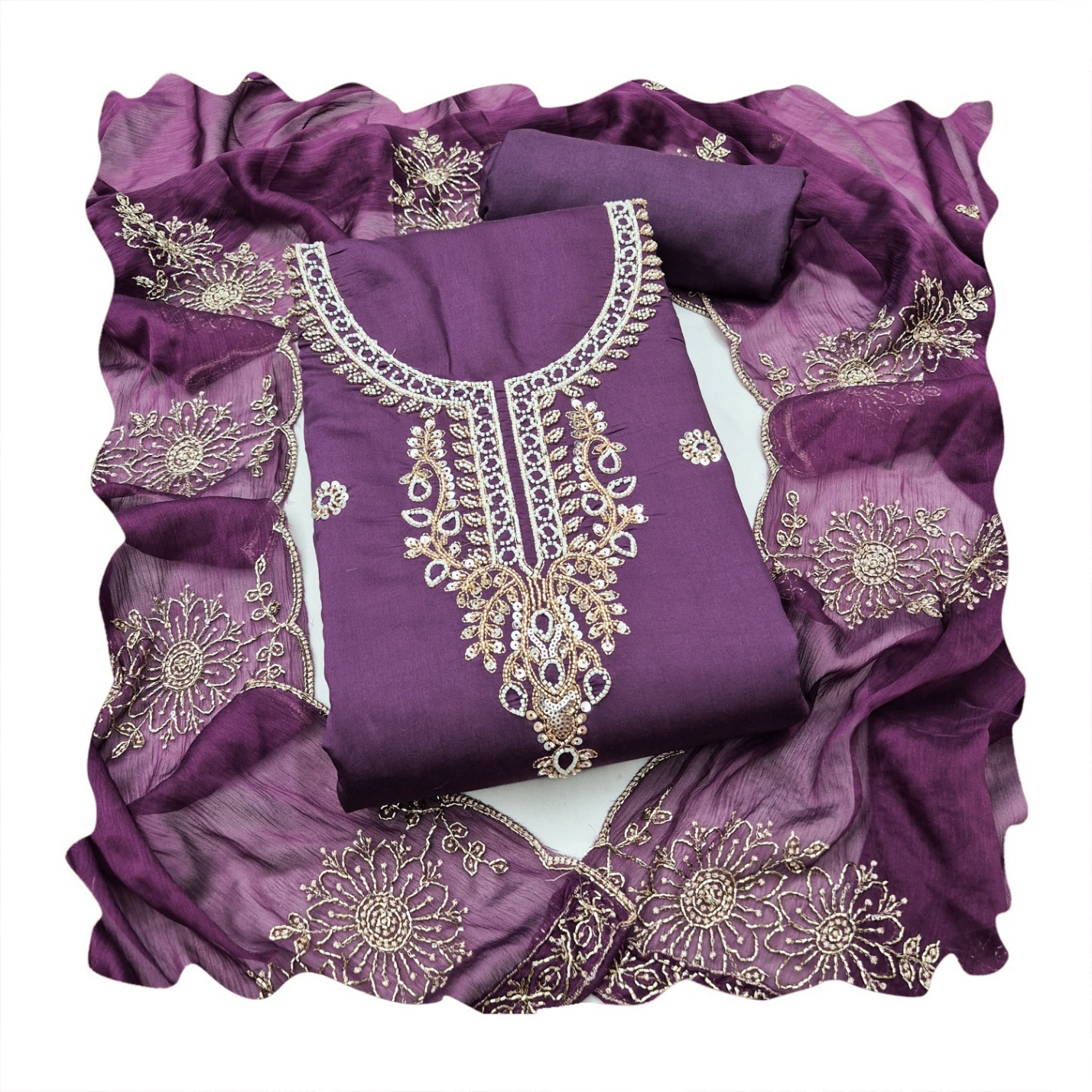 Lavender Floral Embroidered Cotton Straight Suit — alternate view